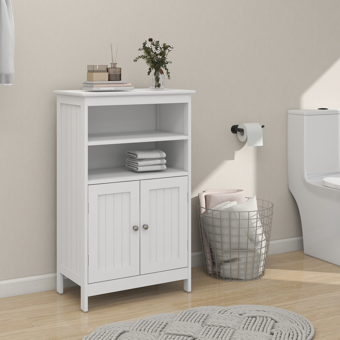 Bathroom Floor Cabinet Freestanding 2 Doors And 2 Shelfs Wood Storage Organizer Cabinet For Bathroom And Living Room White White Mdf