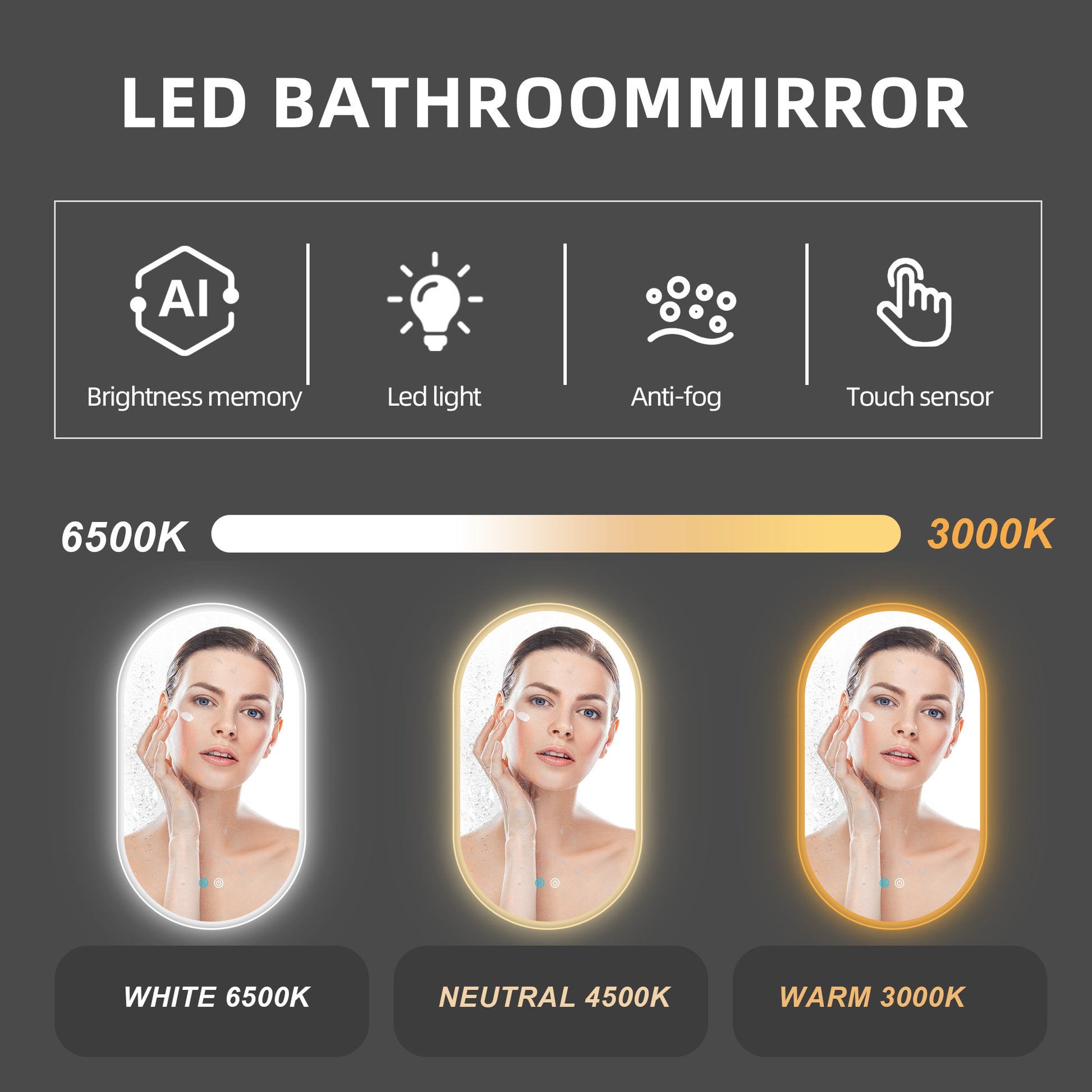 32X20 Inch Bathroom Mirror With Lights, Anti Fog Dimmable Led Mirror For Wall Touch Control, Frameless Oval Smart Vanity Mirror Vertical Hanging Natural Modern Glass