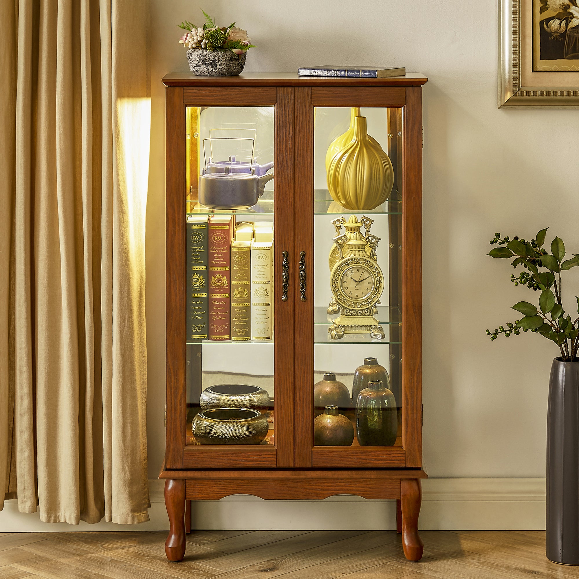 Curio Cabinet Lighted Curio Diapaly Cabinet With Adjustable Shelves And Mirrored Back Panel, Tempered Glass Doors Oak, 3 Tier , E26 Light Bulb Not Included Oak Mdf