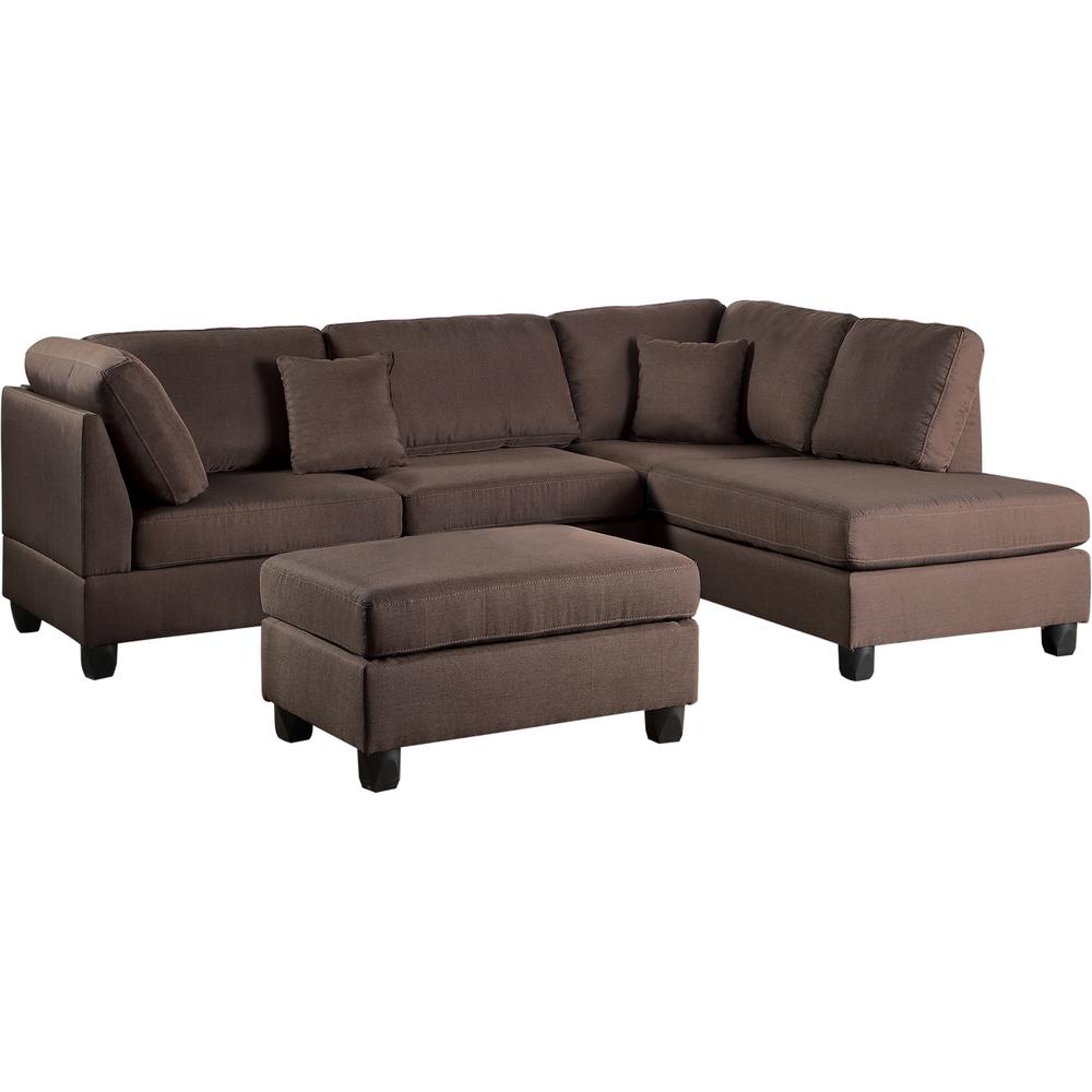 Chocolate Color 3Pcs Sectional Living Room Furniture Reversible Chaise Sofa And Ottoman Polyfiber Linen Like Fabric Cushion Couch Chocolate Primary Living Space Cushion Back Contemporary,Modern L Shaped Pillow Top Arms Plywood 5 Seat