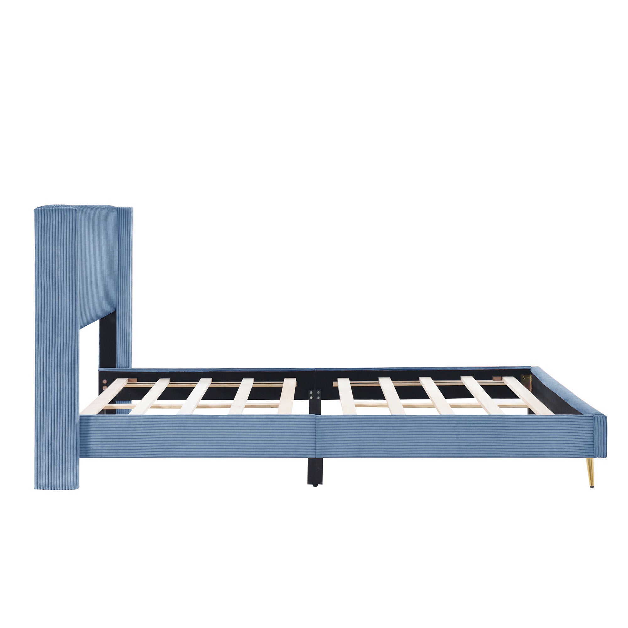 Queen Size Corduroy Platform Bed with Metal Legs, Blue blue-corduroy