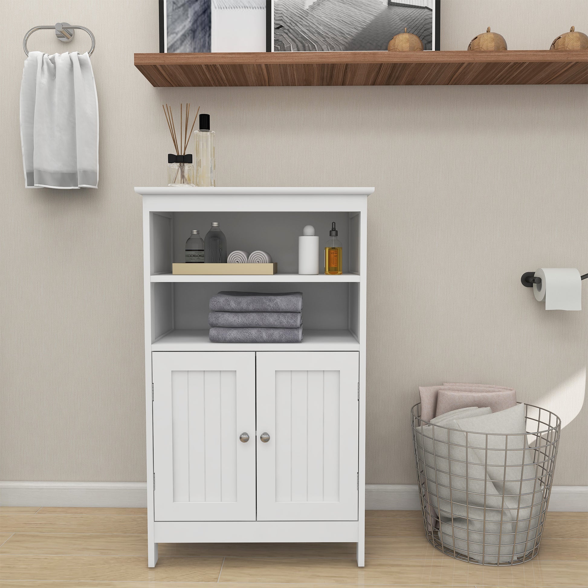 Bathroom Floor Cabinet Freestanding 2 Doors And 2 Shelfs Wood Storage Organizer Cabinet For Bathroom And Living Room White White Mdf