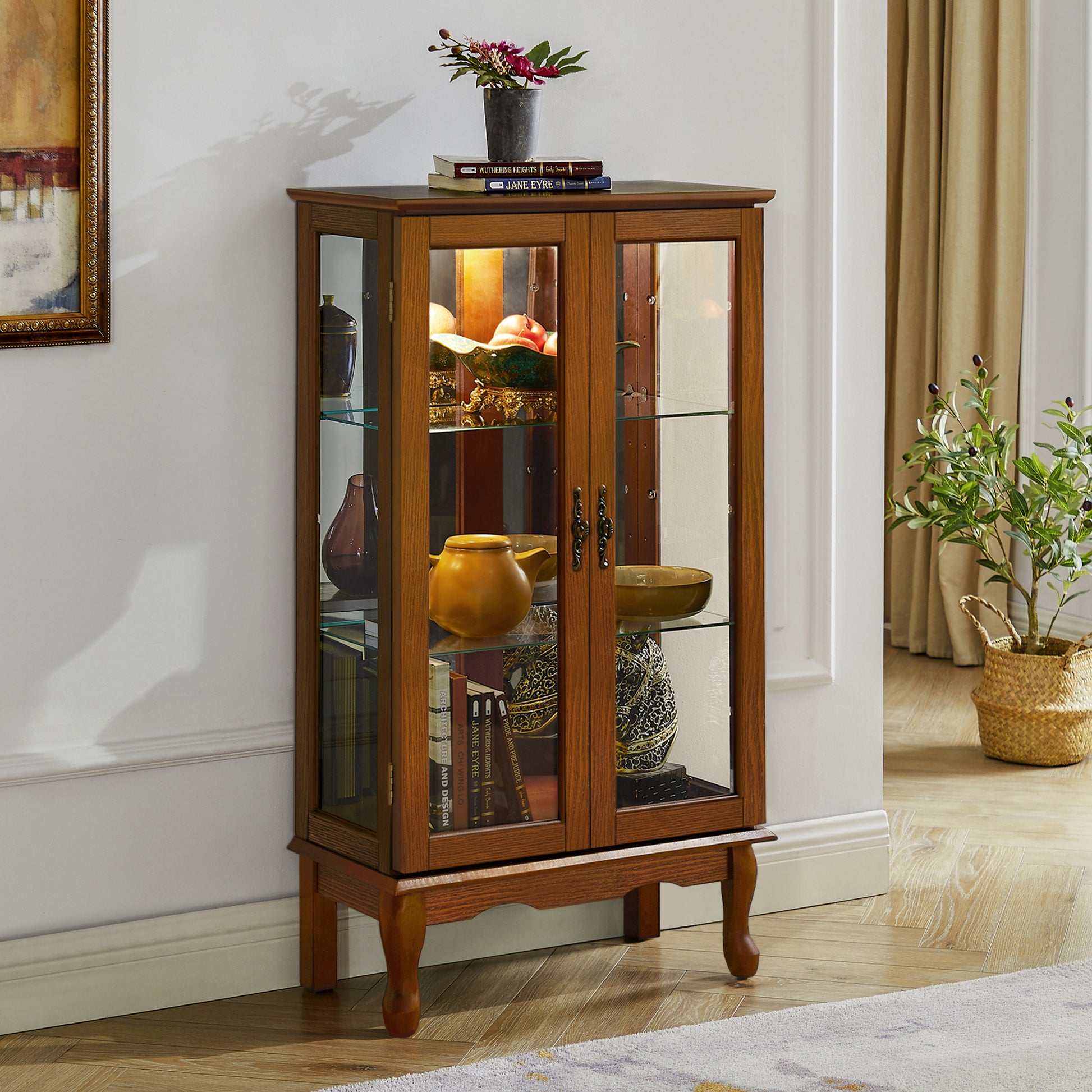 Curio Cabinet Lighted Curio Diapaly Cabinet With Adjustable Shelves And Mirrored Back Panel, Tempered Glass Doors Oak, 3 Tier , E26 Light Bulb Not Included Oak Mdf