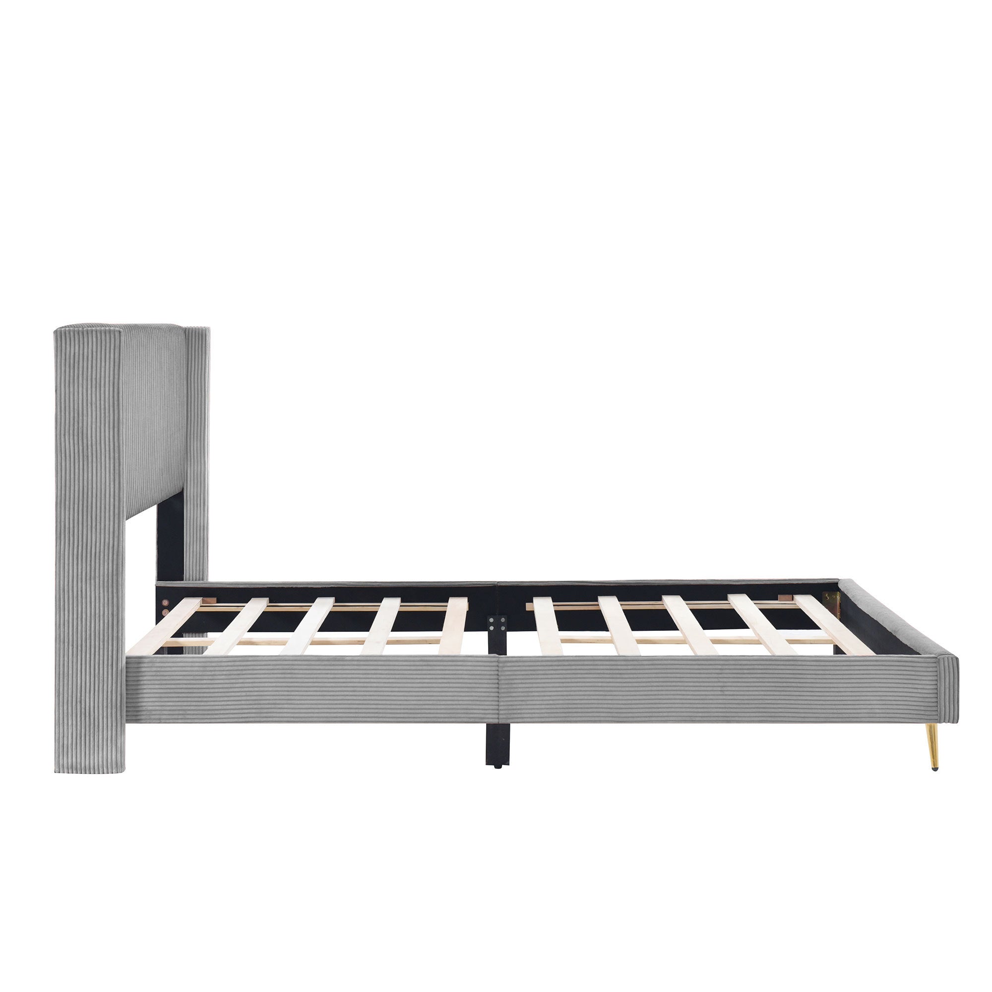 Queen Size Corduroy Platform Bed with Metal Legs, Gray gray-corduroy