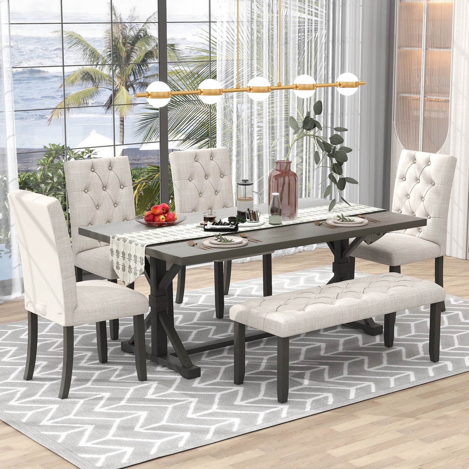 6 Piece Farmhouse Dining Table Set 72" Wood Rectangular Table, 4 Upholstered Chairs With Bench Gray Gray Solid Wood