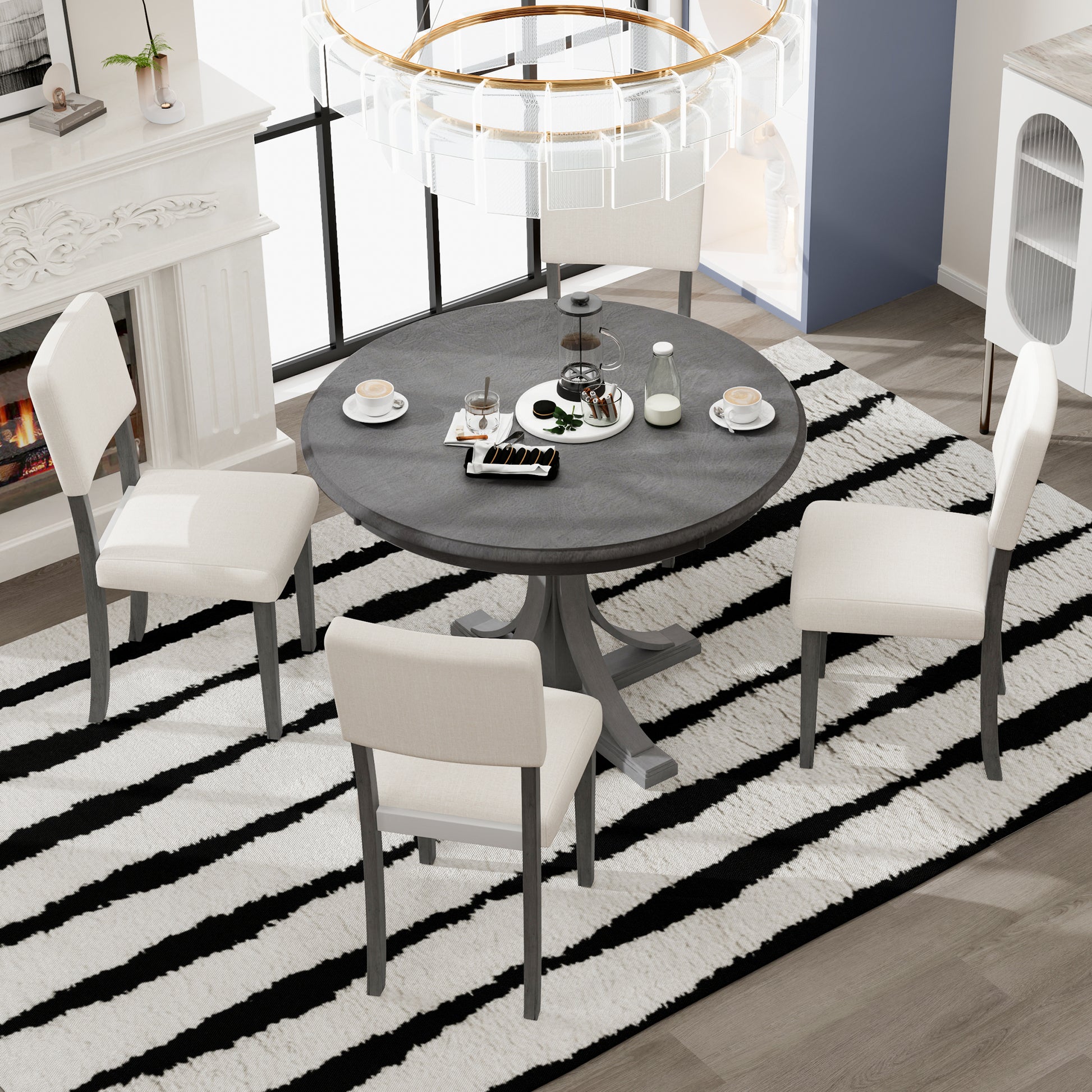 5 Piece Retro Round Dining Table Set With Curved Trestle Style Table Legs And 4 Upholstered Chairs For Dining Room Dark Gray Dark Gray Solid Wood