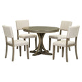 5 Piece Retro Round Dining Table Set With Curved Trestle Style Table Legs And 4 Upholstered Chairs For Dining Room Taupe Taupe Solid Wood