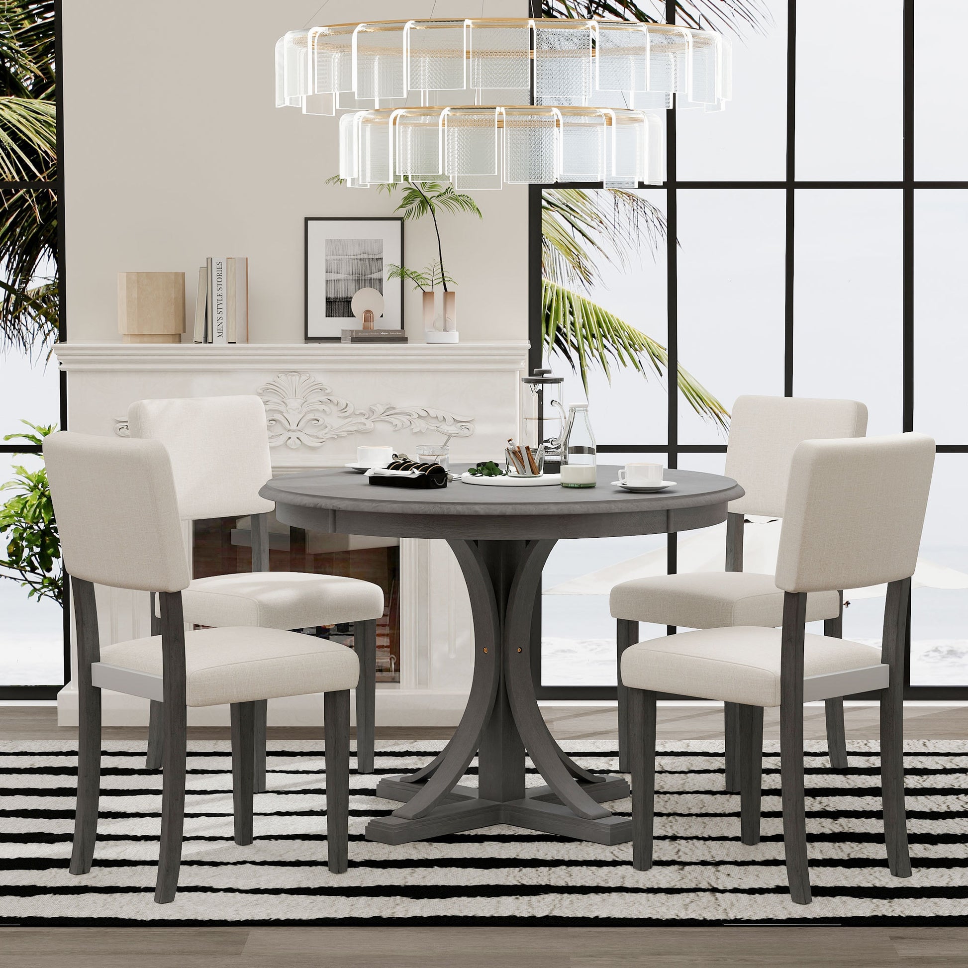 5 Piece Retro Round Dining Table Set With Curved Trestle Style Table Legs And 4 Upholstered Chairs For Dining Room Dark Gray Dark Gray Solid Wood