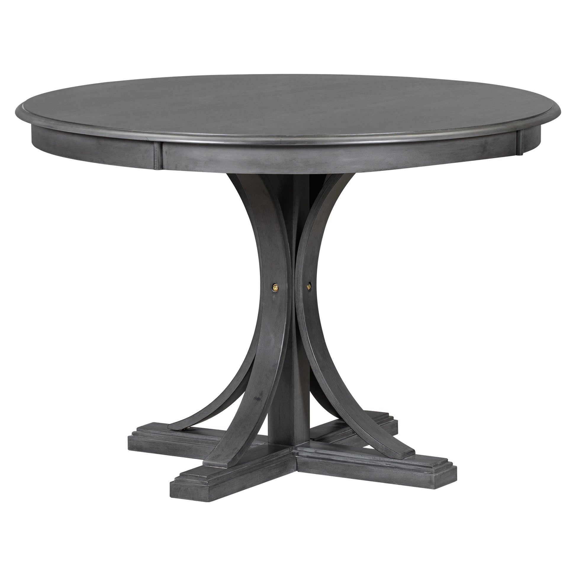 5 Piece Retro Round Dining Table Set With Curved Trestle Style Table Legs And 4 Upholstered Chairs For Dining Room Dark Gray Dark Gray Solid Wood