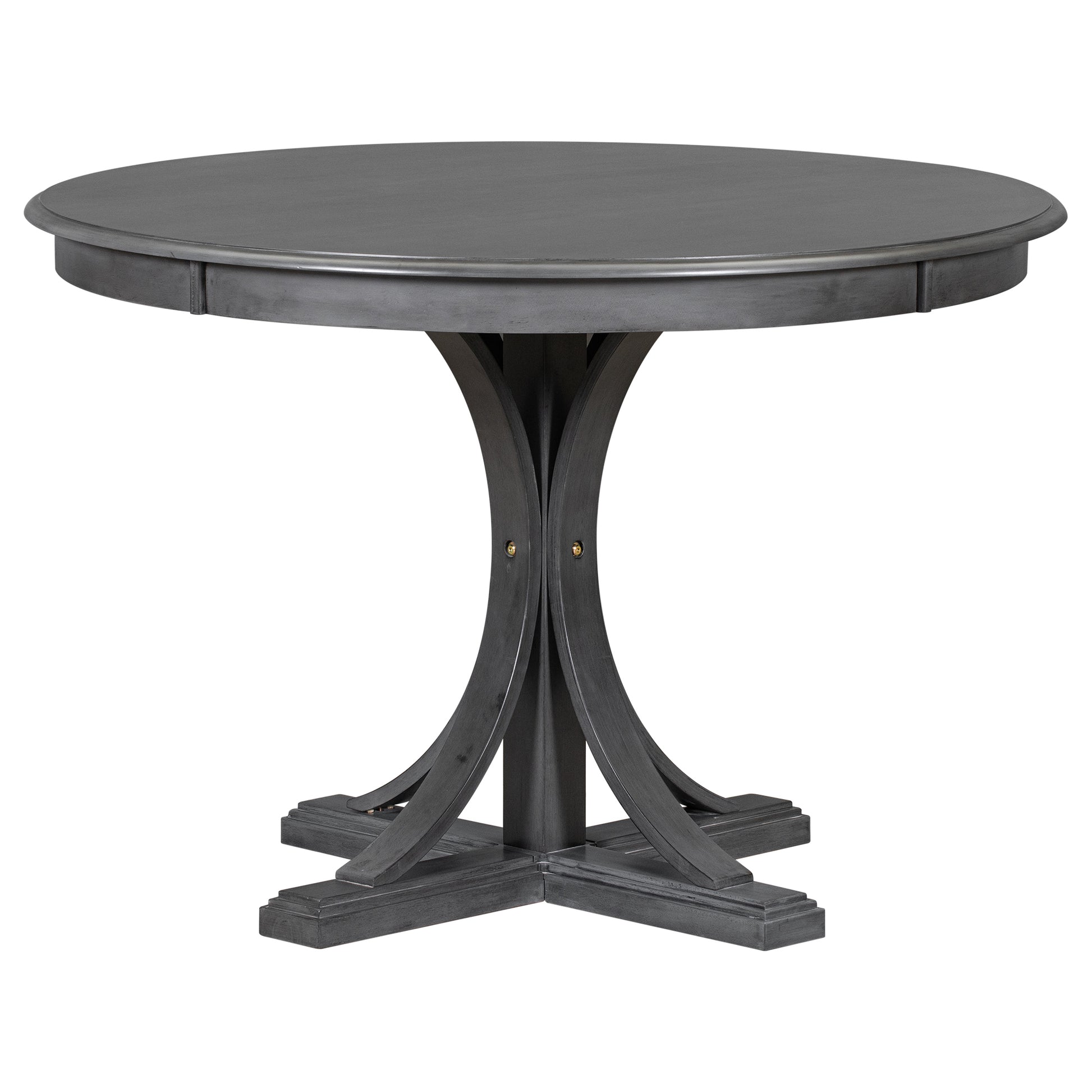 5 Piece Retro Round Dining Table Set With Curved Trestle Style Table Legs And 4 Upholstered Chairs For Dining Room Dark Gray Dark Gray Solid Wood