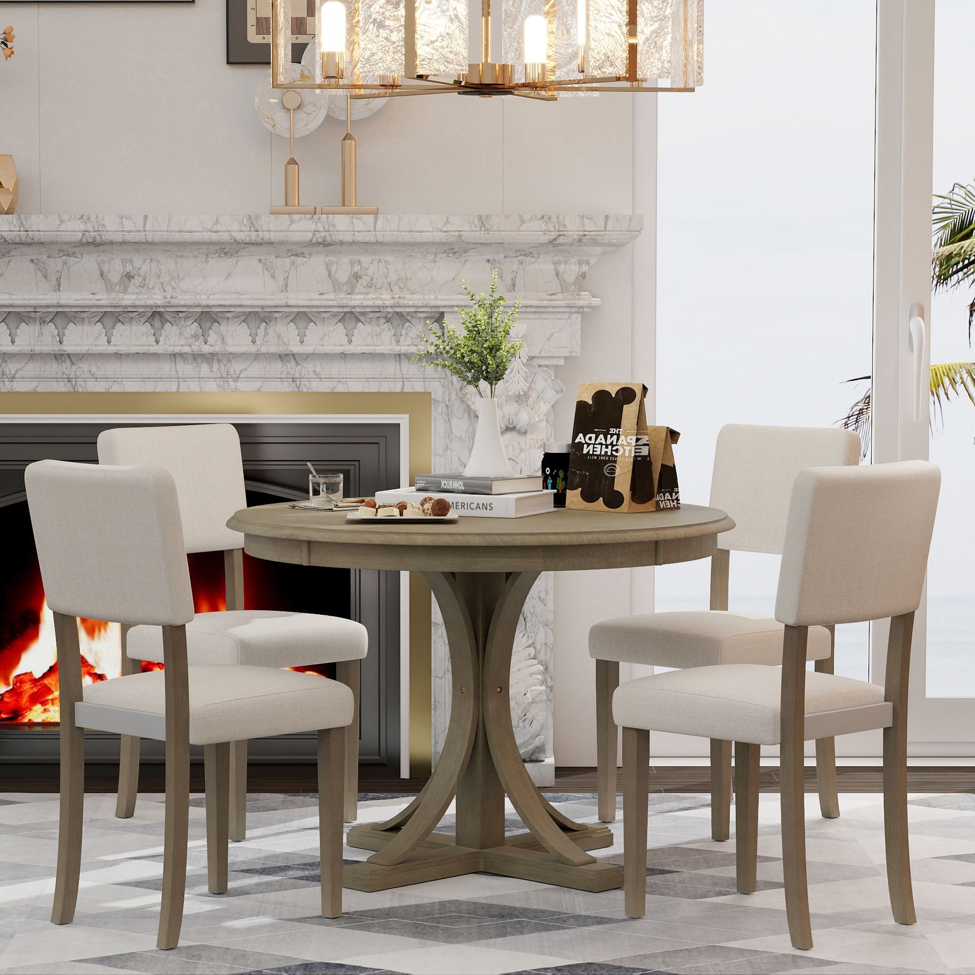 5 Piece Retro Round Dining Table Set With Curved Trestle Style Table Legs And 4 Upholstered Chairs For Dining Room Taupe Taupe Solid Wood