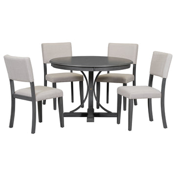 5 Piece Retro Round Dining Table Set With Curved Trestle Style Table Legs And 4 Upholstered Chairs For Dining Room Dark Gray Dark Gray Solid Wood