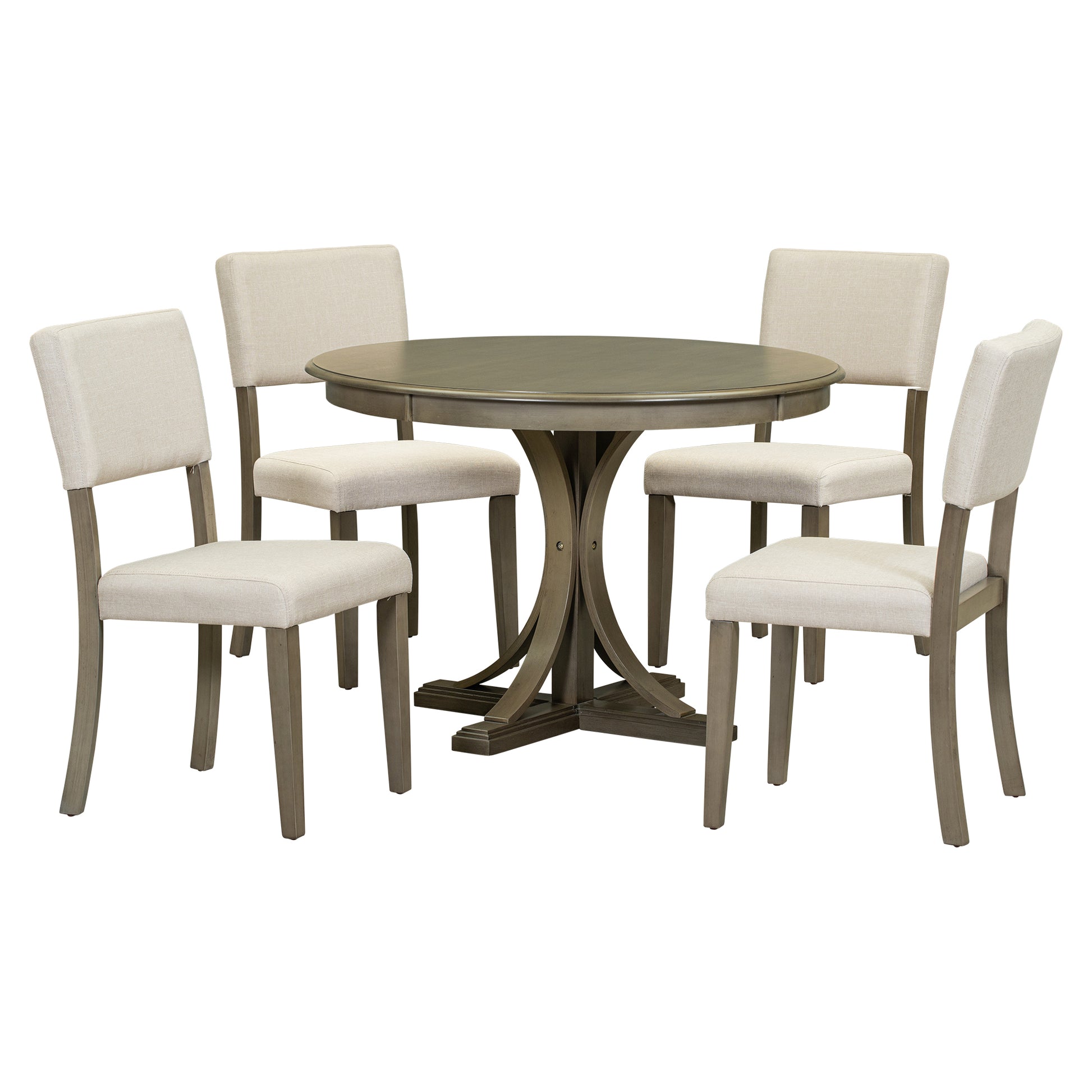 5 Piece Retro Round Dining Table Set With Curved Trestle Style Table Legs And 4 Upholstered Chairs For Dining Room Taupe Taupe Solid Wood