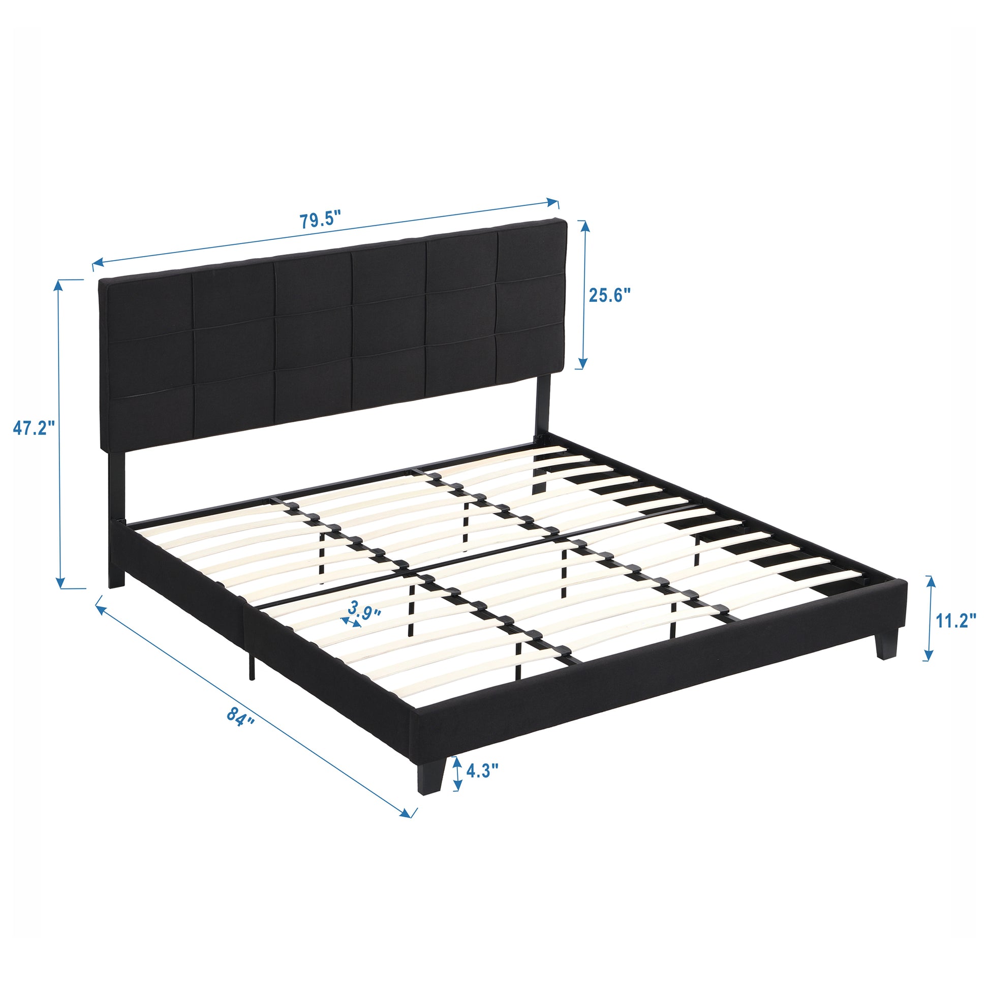 King Size Upholstered Platform Bed Frame With Linen Fabric Headboard, No Box Spring Needed, Wood Slat Support, Easy Assembly, Black Black Fabric