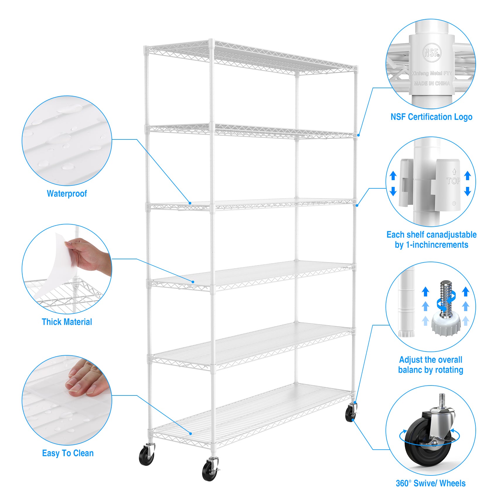 6 Tier Wire Shelving Unit, 6000 LBS NSF Height white-iron+plastic