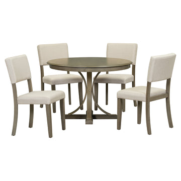 5 Piece Retro Round Dining Table Set With Curved Trestle Style Table Legs And 4 Upholstered Chairs For Dining Room Taupe Taupe Solid Wood