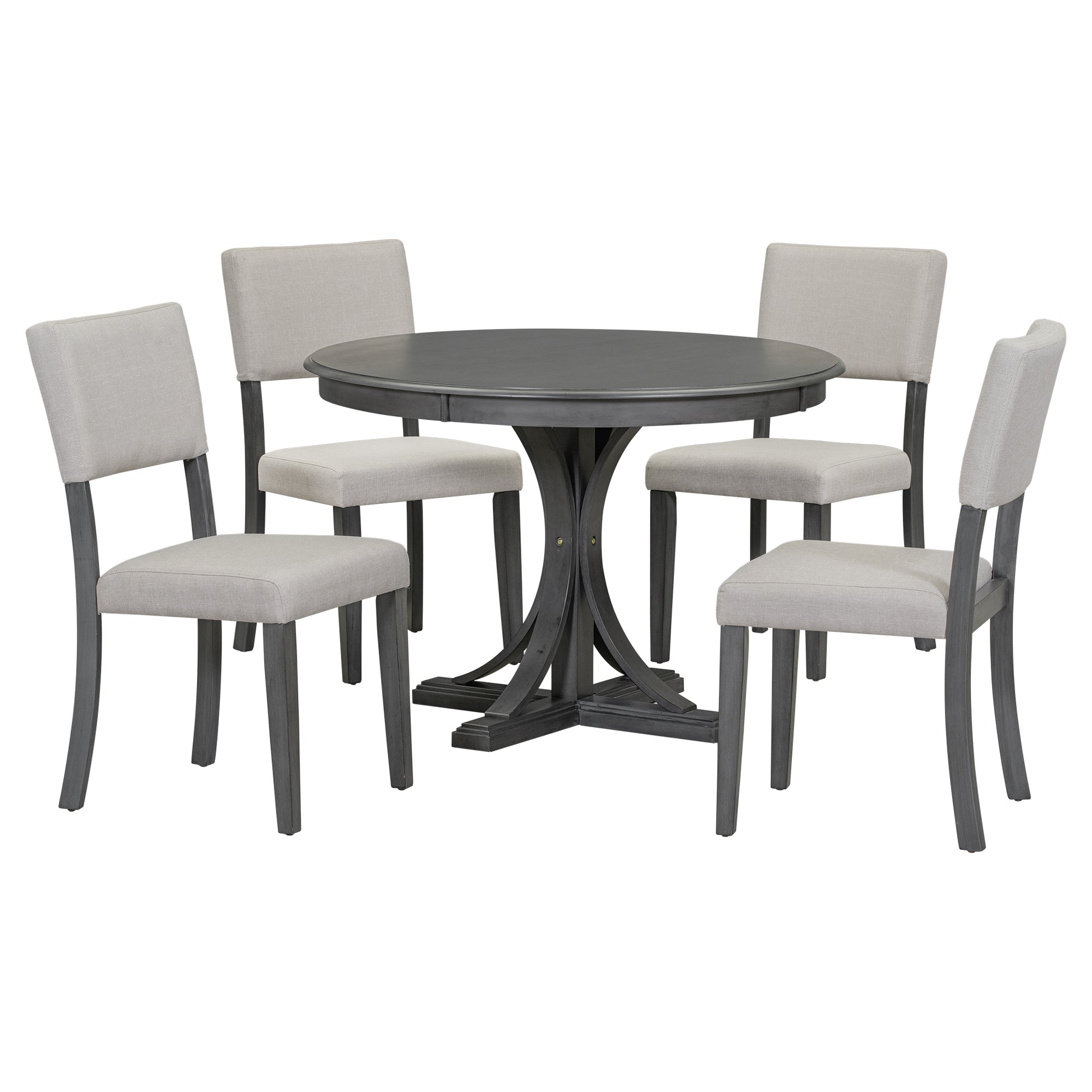 5 Piece Retro Round Dining Table Set With Curved Trestle Style Table Legs And 4 Upholstered Chairs For Dining Room Dark Gray Dark Gray Solid Wood