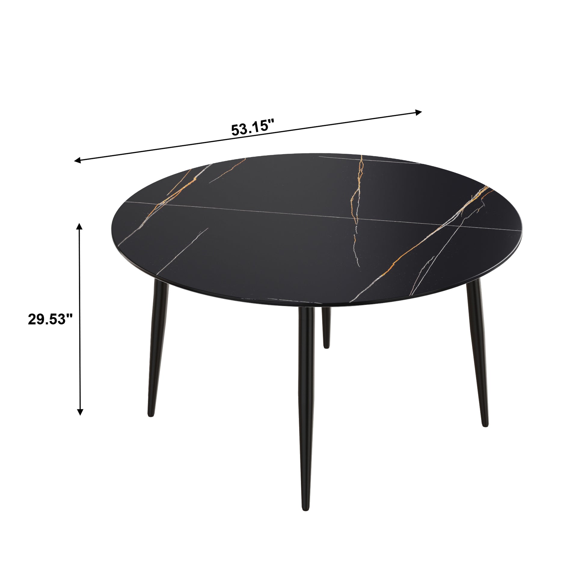 53.15 " Modern Artificial Stone Black Round Dining Table With Black Metal Legs Can Accommodate 6 People. Black Metal Sintered Stone