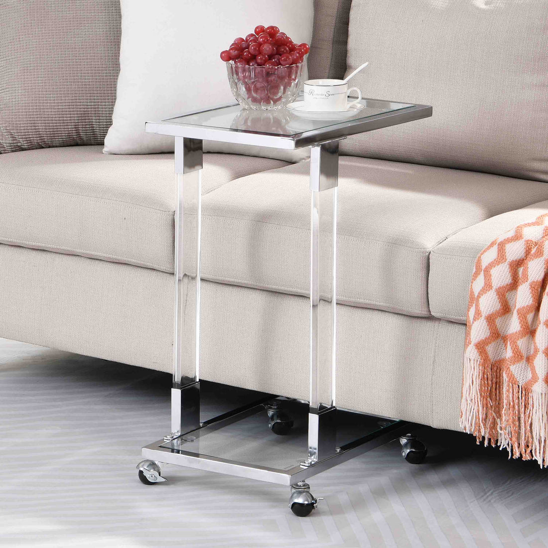W82153573 Chrome Glass Side Table, Acrylic End Table, Glass Top C Shape Square Table With Metal Base For Living Room, Bedroom, Balcony Home And Office Chrome Glass Iron