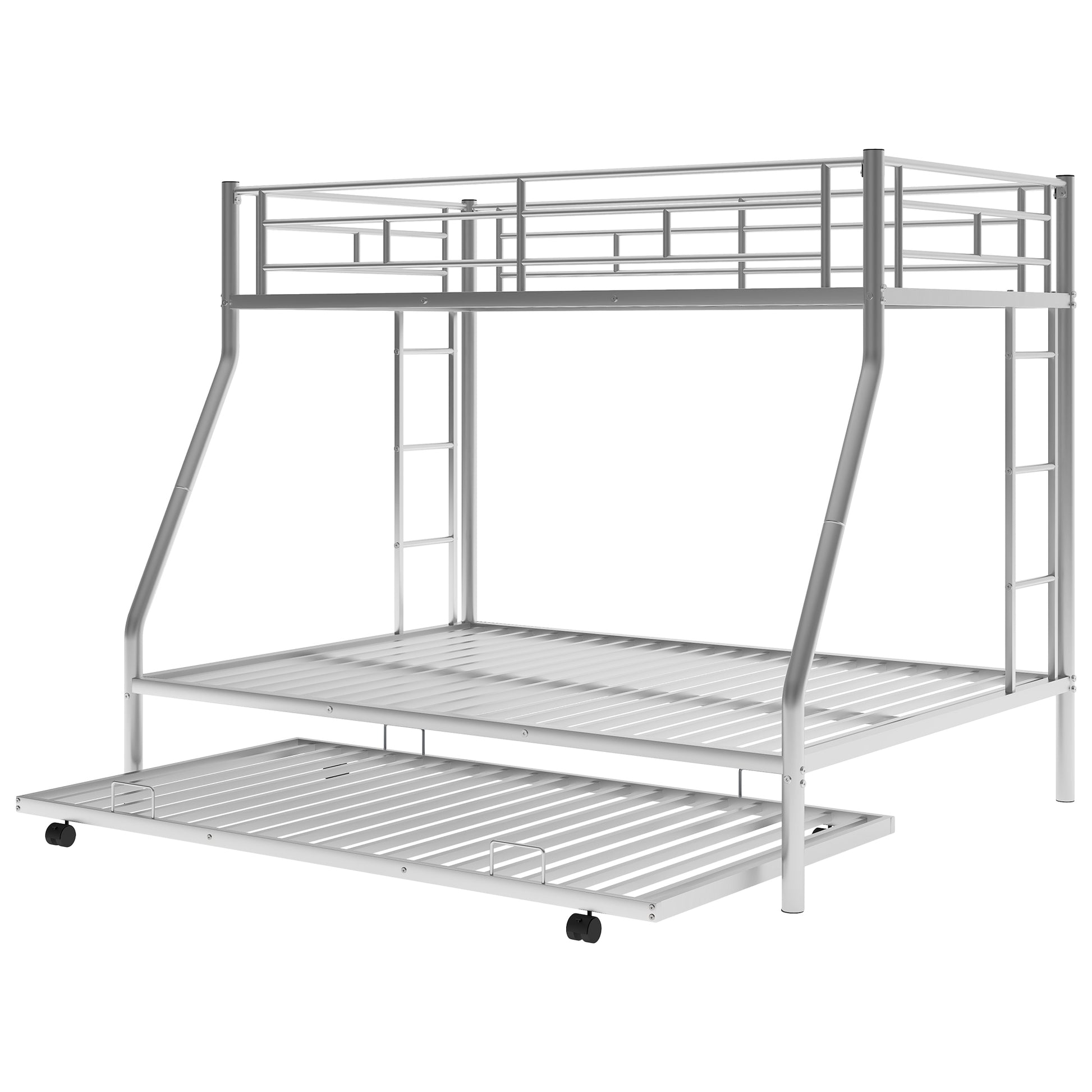 Twin Over Full Bed With Sturdy Steel Frame, Bunk Bed With Twin Size Trundle, Two Side Ladders, Silver Old Sku:Mf194424Aan Silver Metal