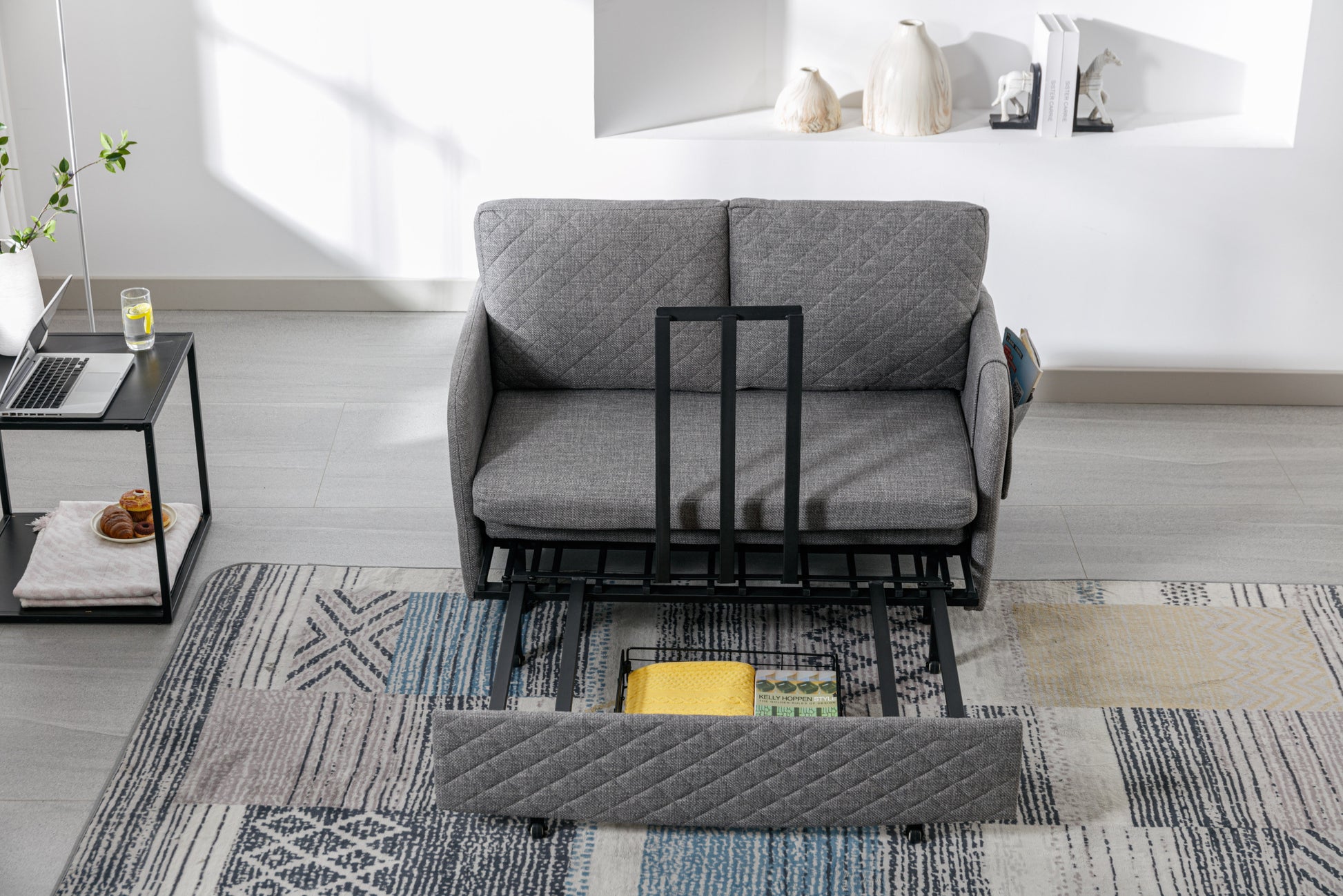 Coolmore Convertible Sleeper Sofa Bed, Modern Velvet Loveseat Couch With Pull Out Bed, Small Beautiful Seat Futon Sofa Bed With Headboard, 2 Pillows & Side Pockets For Living Room Light Grey Linen