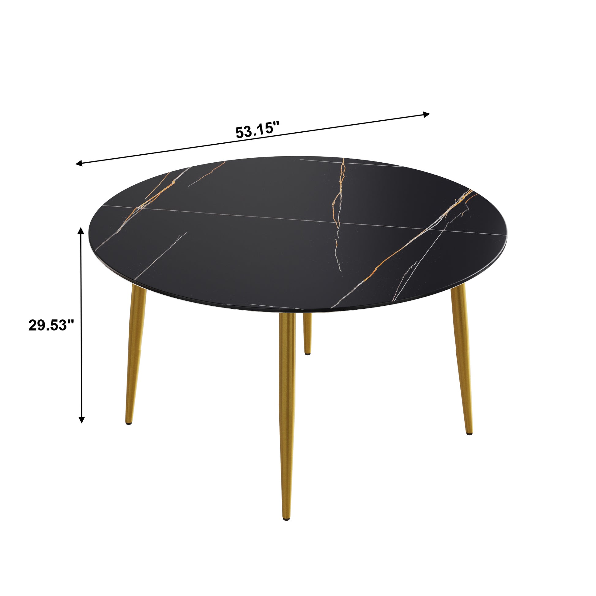 53.15 " Modern Artificial Stone Black Round Dining Table With Golden Metal Legs Can Accommodate 6 People. Black Metal Sintered Stone