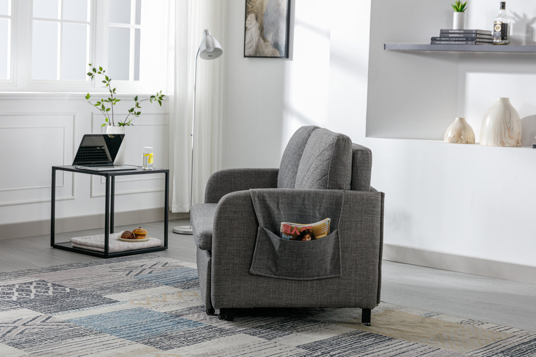 Coolmore Convertible Sleeper Sofa Bed, Modern Velvet Loveseat Couch With Pull Out Bed, Small Beautiful Seat Futon Sofa Bed With Headboard, 2 Pillows & Side Pockets For Living Room Light Grey Linen
