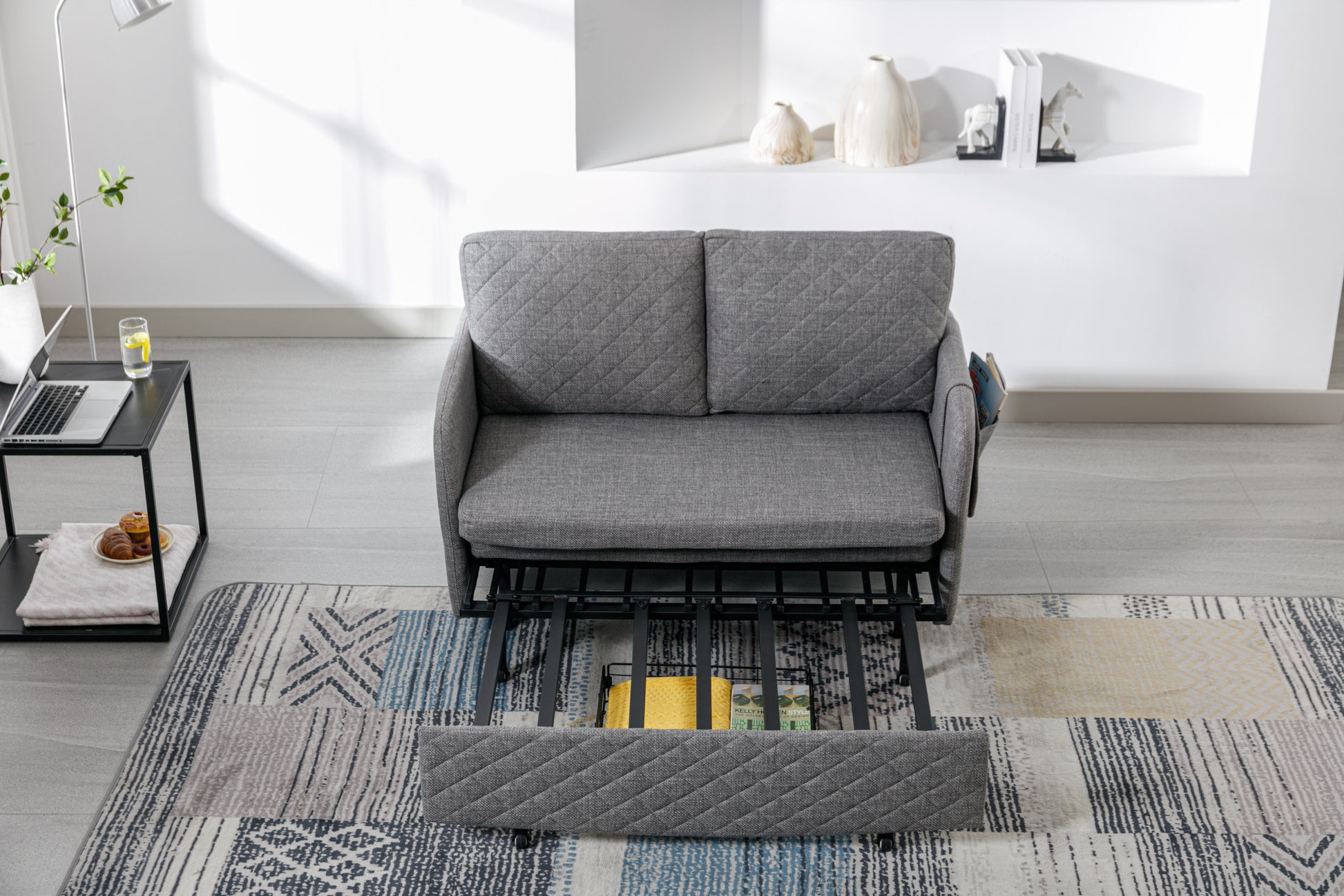 Coolmore Convertible Sleeper Sofa Bed, Modern Velvet Loveseat Couch With Pull Out Bed, Small Beautiful Seat Futon Sofa Bed With Headboard, 2 Pillows & Side Pockets For Living Room Light Grey Linen