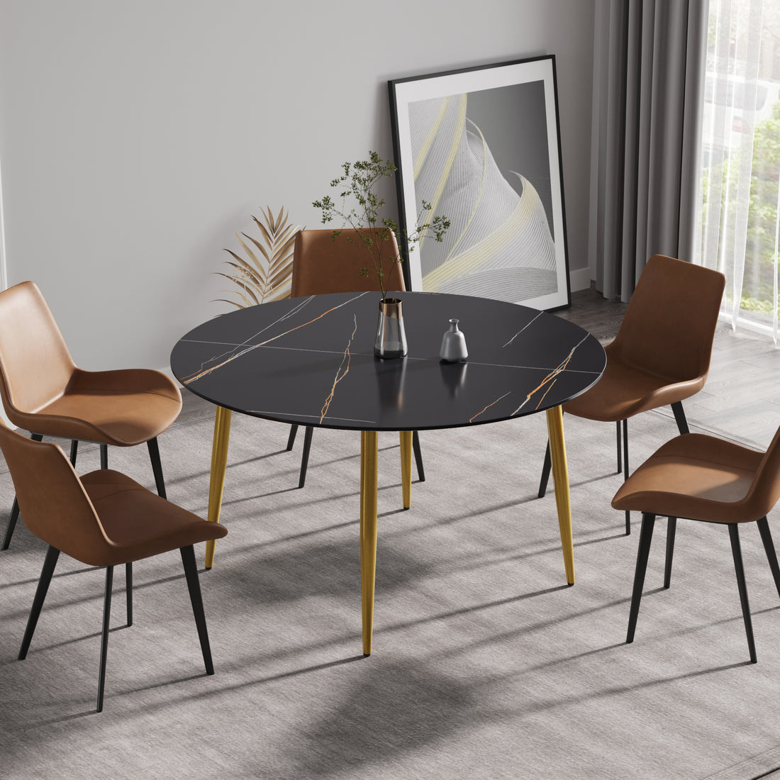53.15 " Modern Artificial Stone Black Round Dining Table With Golden Metal Legs Can Accommodate 6 People. Black Metal Sintered Stone