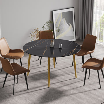 53.15 " Modern Artificial Stone Black Round Dining Table With Golden Metal Legs Can Accommodate 6 People. Black Metal Sintered Stone