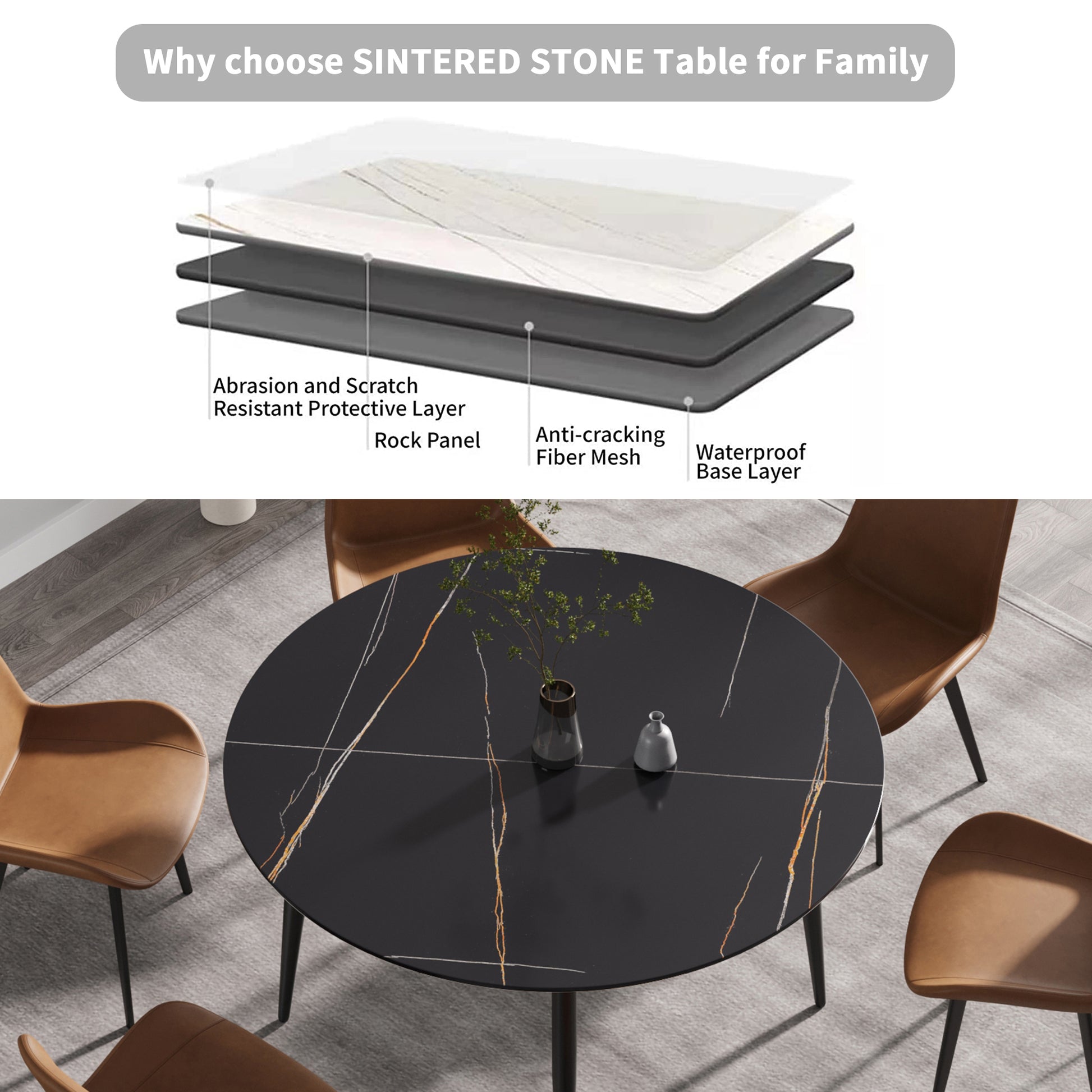 53.15 " Modern Artificial Stone Black Round Dining Table With Black Metal Legs Can Accommodate 6 People. Black Metal Sintered Stone