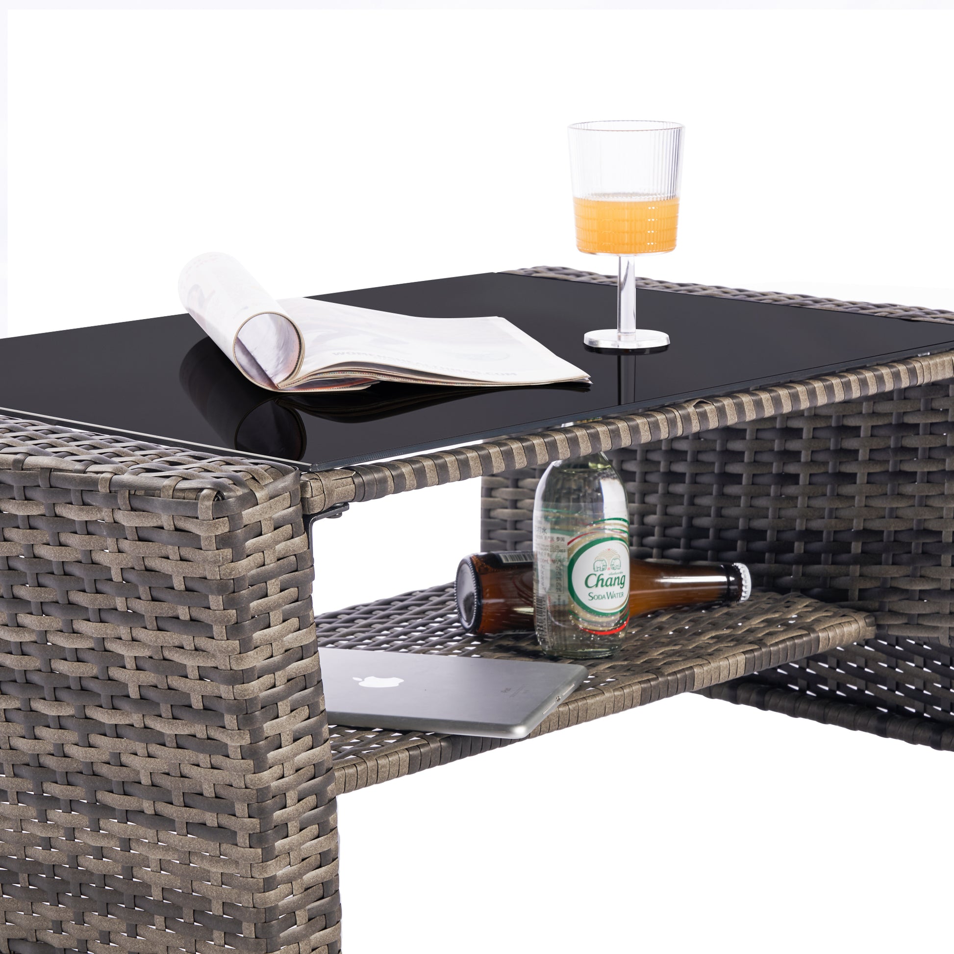 4 Pieces Outdoor Patio Furniture Sets Garden Rattan Chair Wicker Set, Poolside Lawn Chairs With Tempered Glass Coffee Table Porch Furniture, Gray Rattan Sand Color Cushion Yes Complete Patio Set Dark Gray Water Resistant Frame Water Resistant Cushion