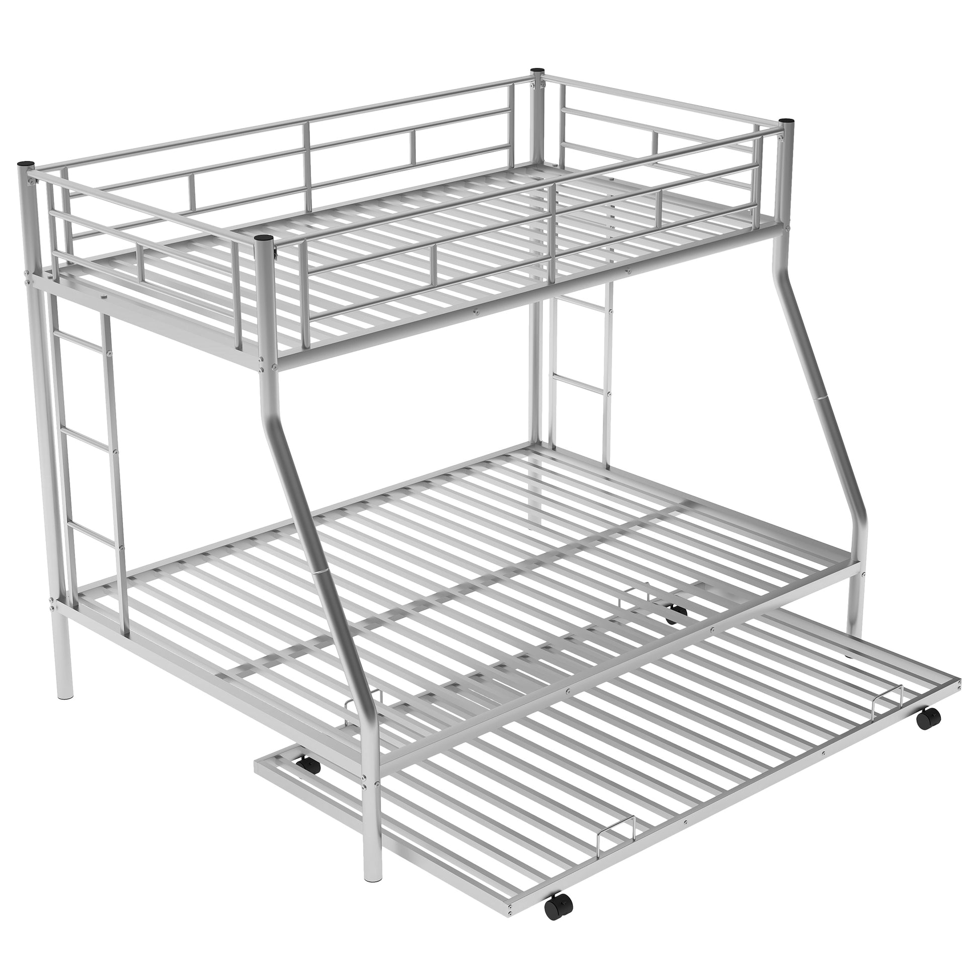 Twin Over Full Bed With Sturdy Steel Frame, Bunk Bed With Twin Size Trundle, Two Side Ladders, Silver Old Sku:Mf194424Aan Silver Metal