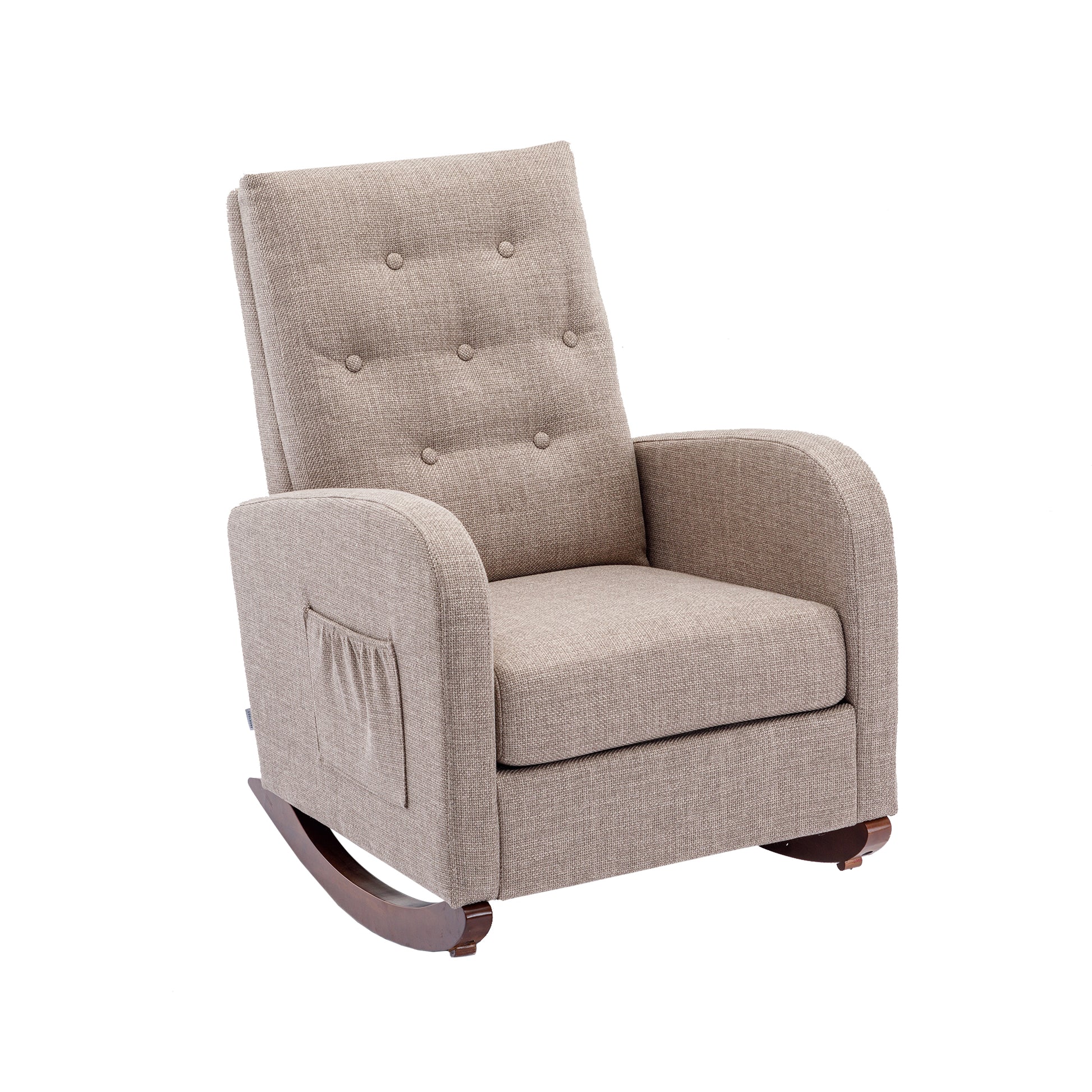 High Back Rocking Chair Nursery Chair .Comfortable Rocker Fabric Padded Seat .Modern High Back Armchair Camel Polyester