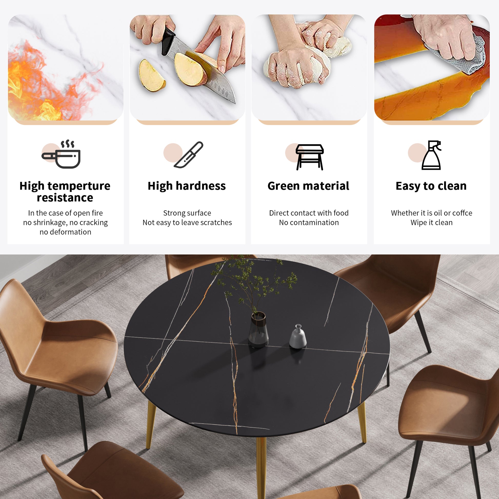 53.15 " Modern Artificial Stone Black Round Dining Table With Golden Metal Legs Can Accommodate 6 People. Black Metal Sintered Stone