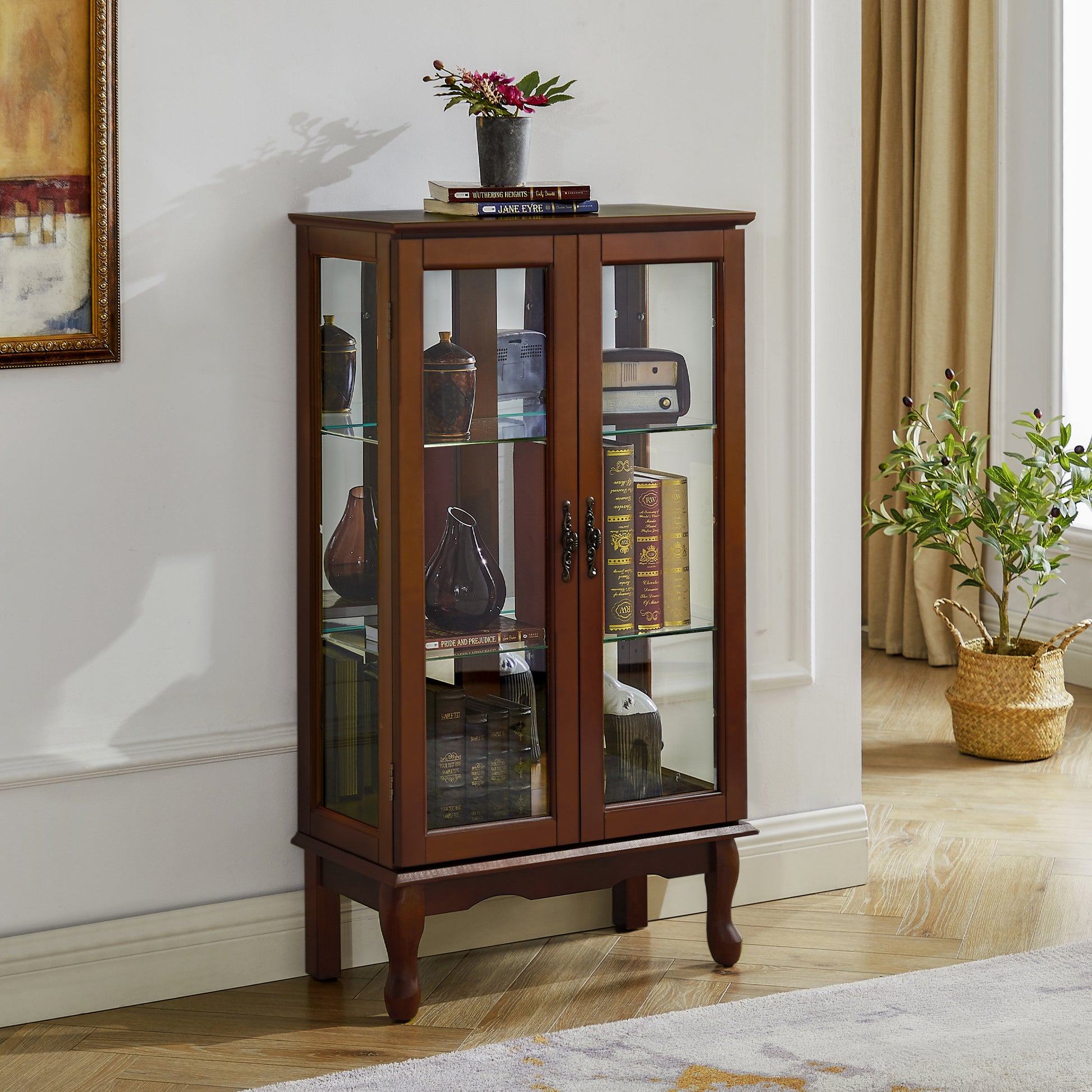 Curio Cabinet Lighted Curio Diapaly Cabinet With Adjustable Shelves And Mirrored Back Panel, Tempered Glass Doors Walnut, 3 Tier , E26 Light Bulb Not Included Walnut Mdf