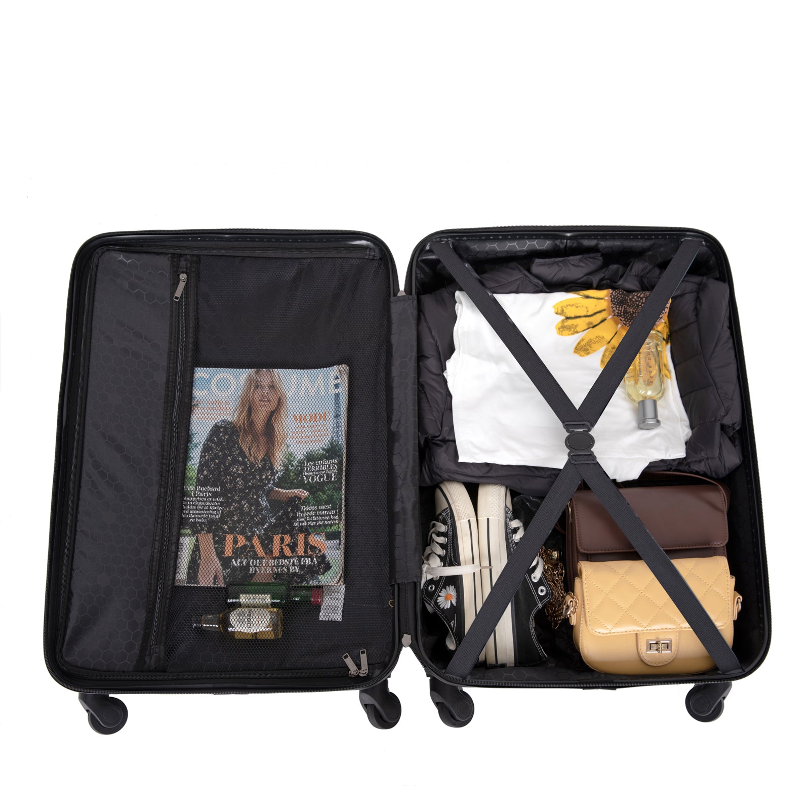 3 Piece Luggage Sets ABS Lightweight Suitcase with Two black-abs