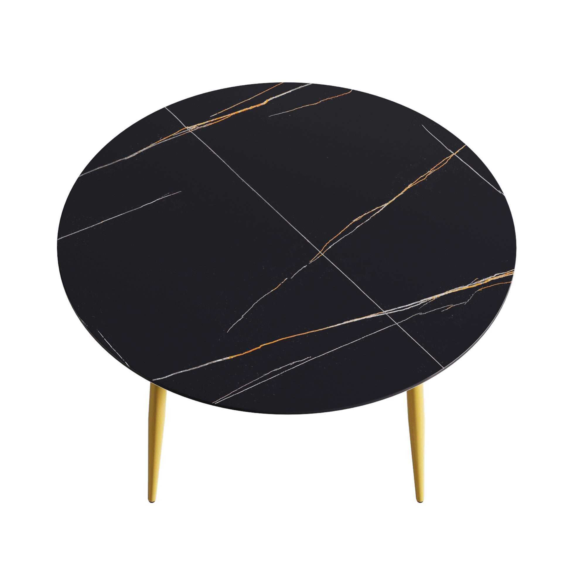 53.15 " Modern Artificial Stone Black Round Dining Table With Golden Metal Legs Can Accommodate 6 People. Black Metal Sintered Stone
