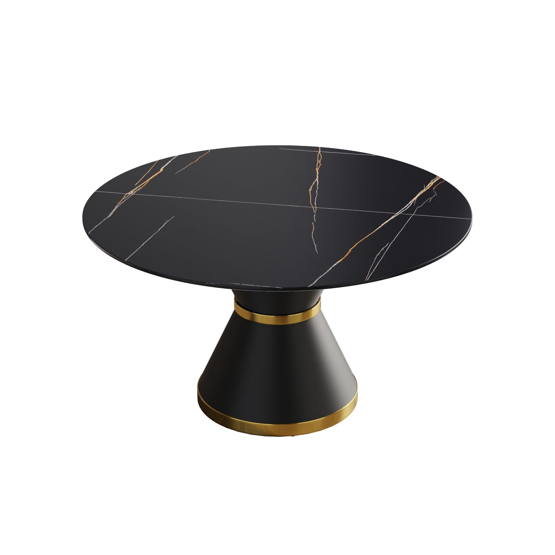 53.15"Modern Artificial Stone Round Black Carbon Steel Base Dining Table Can Accommodate 6 People Black Metal Sintered Stone