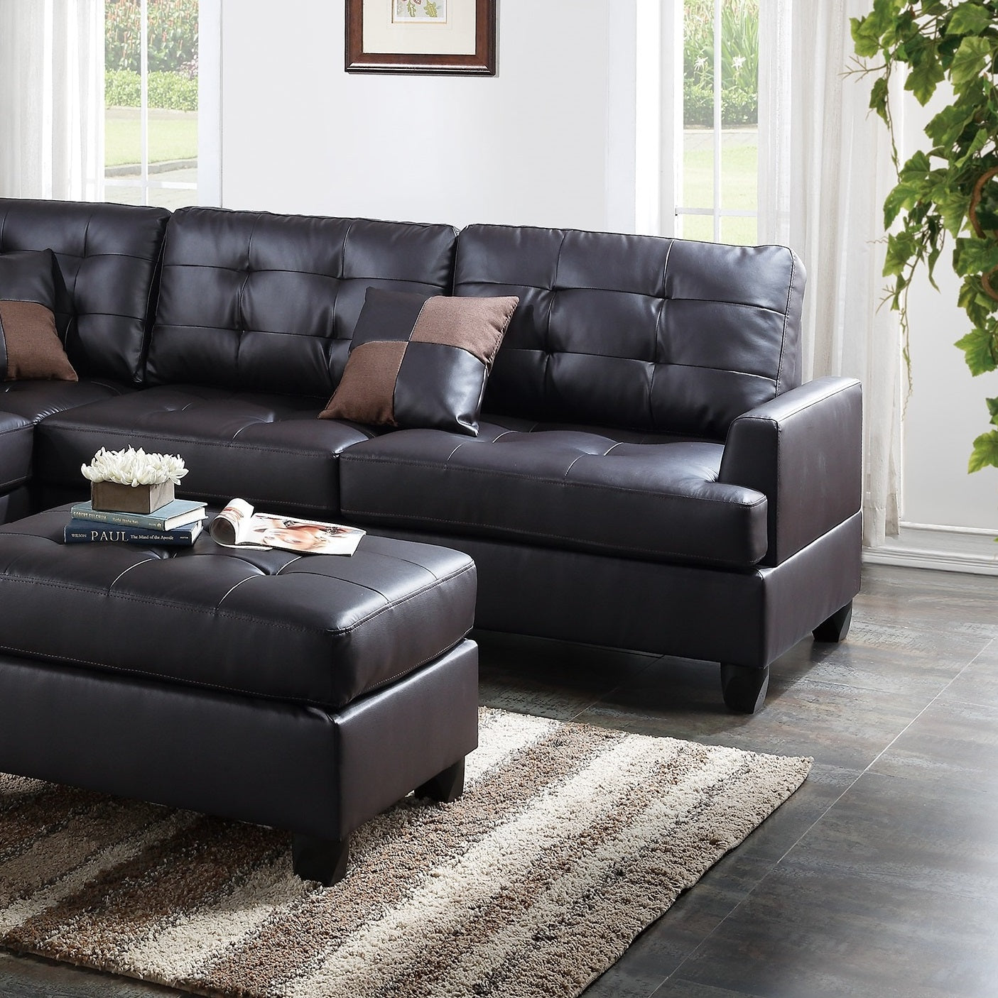 Contemporary Sectional Sofa Espresso Faux Leather Cushion Tufted Reversible 3Pc Sectional Sofa L R Chaise Ottoman Living Room Furniture Espresso Faux Leather Wood Primary Living Space Cushion Back Contemporary,Modern L Shaped Square Arms Bonded Leather 5