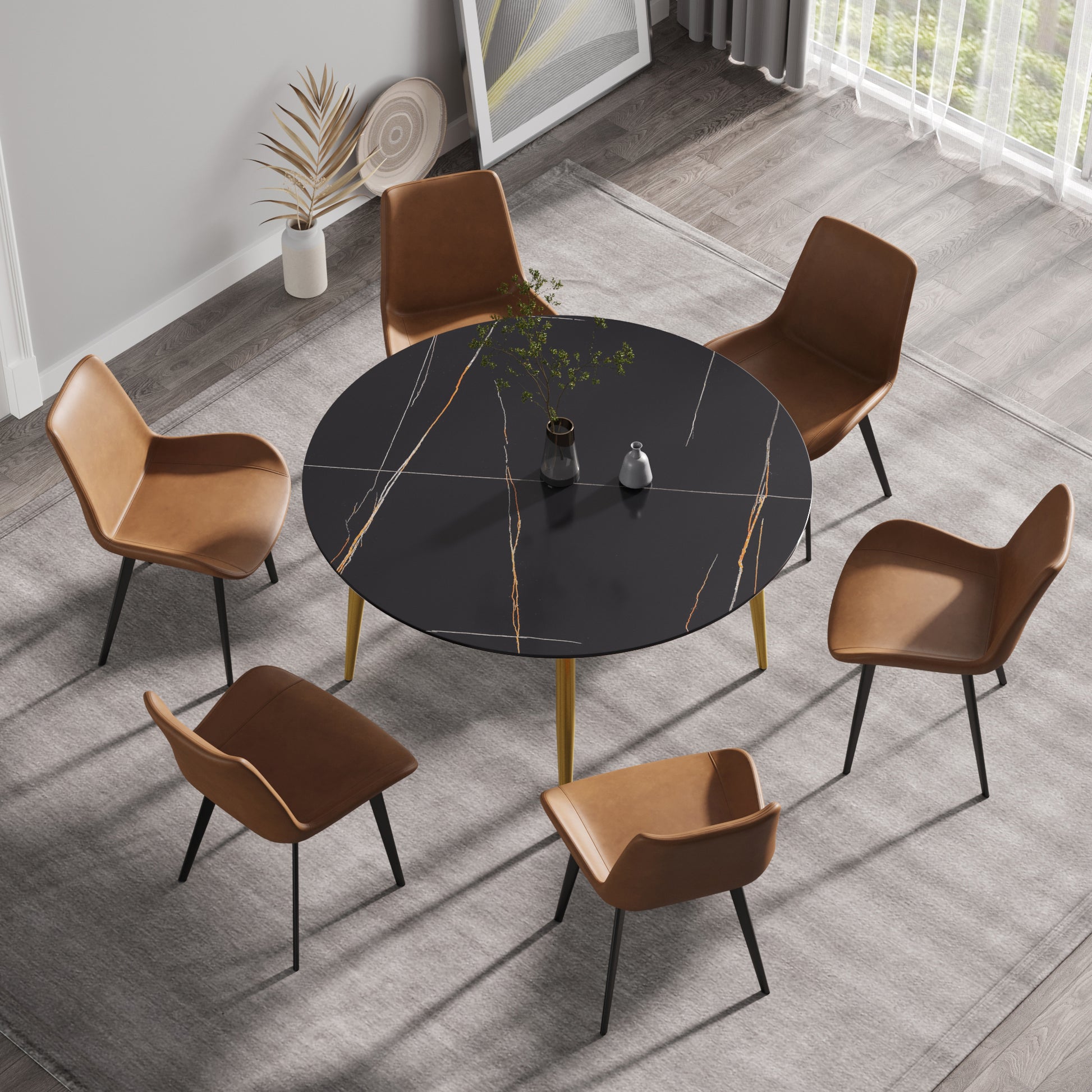 53.15 " Modern Artificial Stone Black Round Dining Table With Golden Metal Legs Can Accommodate 6 People. Black Metal Sintered Stone