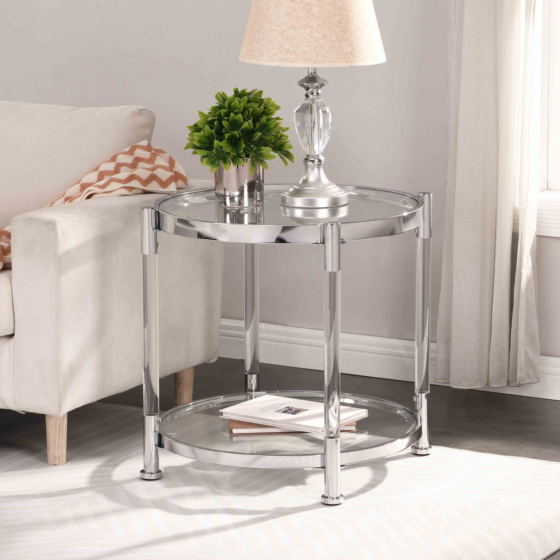 W82153571 Contemporary Acrylic End Table, Side Table With Tempered Glass Top, Chrome Silver End Table For Living Room&Bedroom Chrome Glass Iron