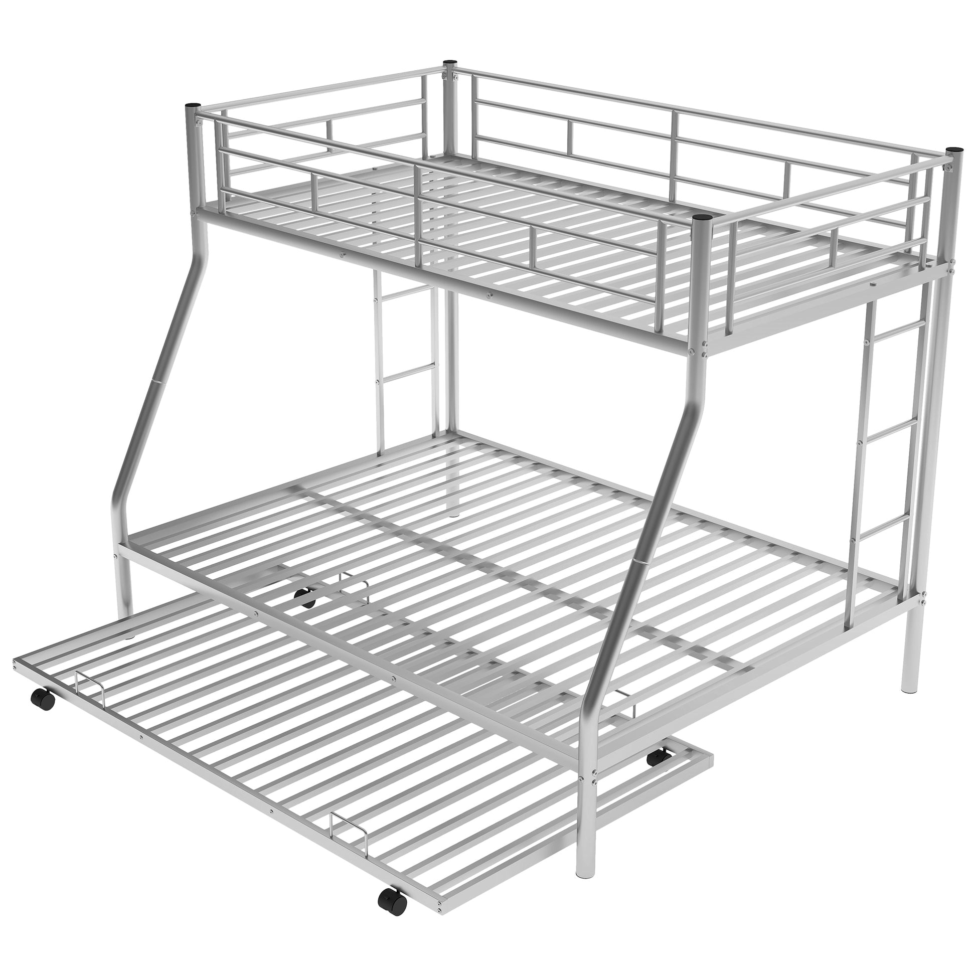 Twin Over Full Bed With Sturdy Steel Frame, Bunk Bed With Twin Size Trundle, Two Side Ladders, Silver Old Sku:Mf194424Aan Silver Metal