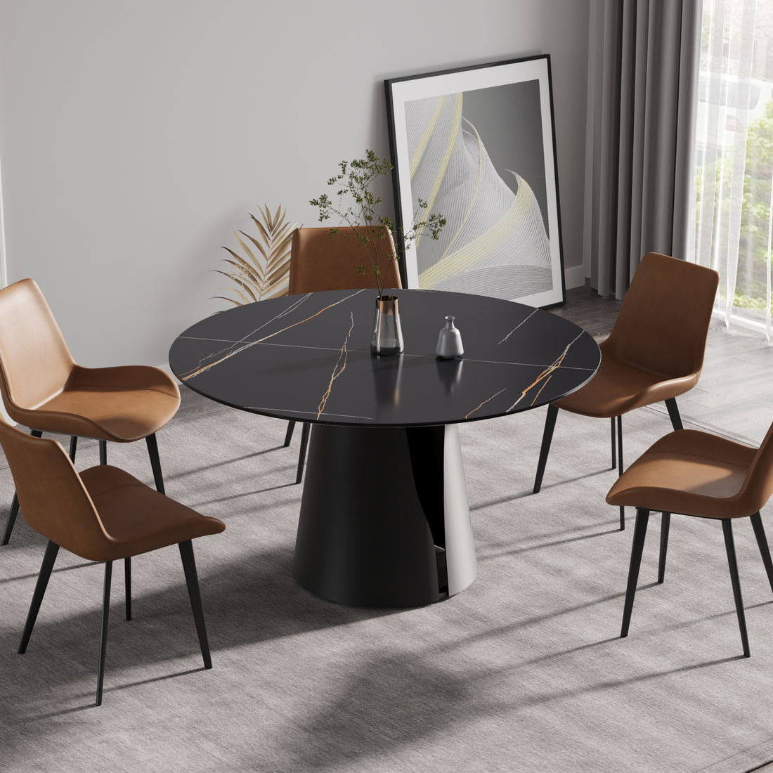 53.15"Modern Artificial Stone Round Black Carbon Steel Base Dining Table Can Accommodate 6 People Black Metal Sintered Stone