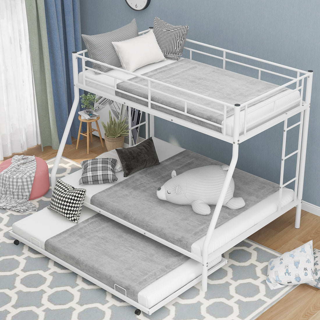 Twin Over Full Bed With Sturdy Steel Frame, Bunk Bed With Twin Size Trundle, Two Side Ladders, White Old Sku:Mf194424Aak White Metal