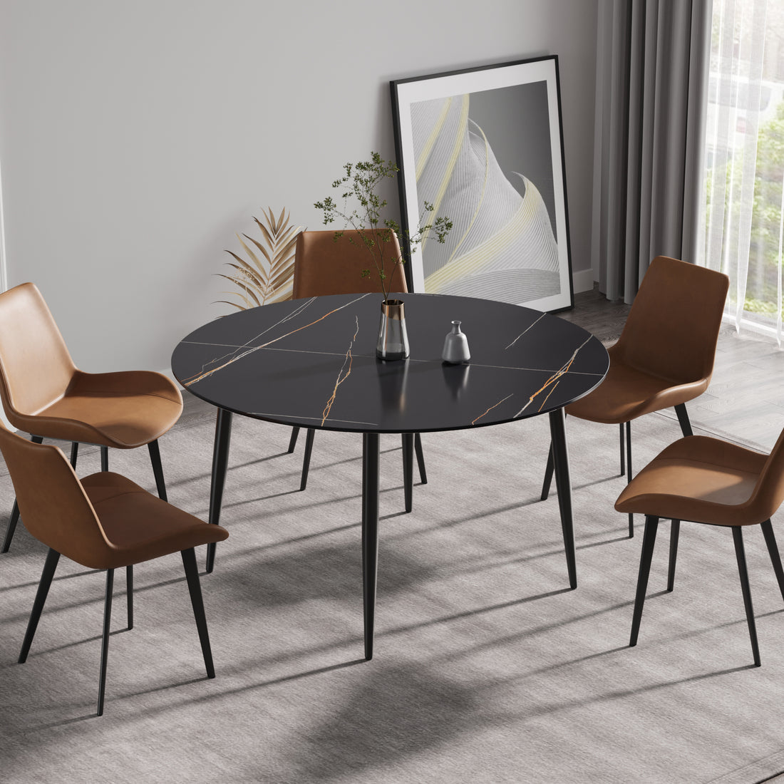 53.15 " Modern Artificial Stone Black Round Dining Table With Black Metal Legs Can Accommodate 6 People. Black Metal Sintered Stone