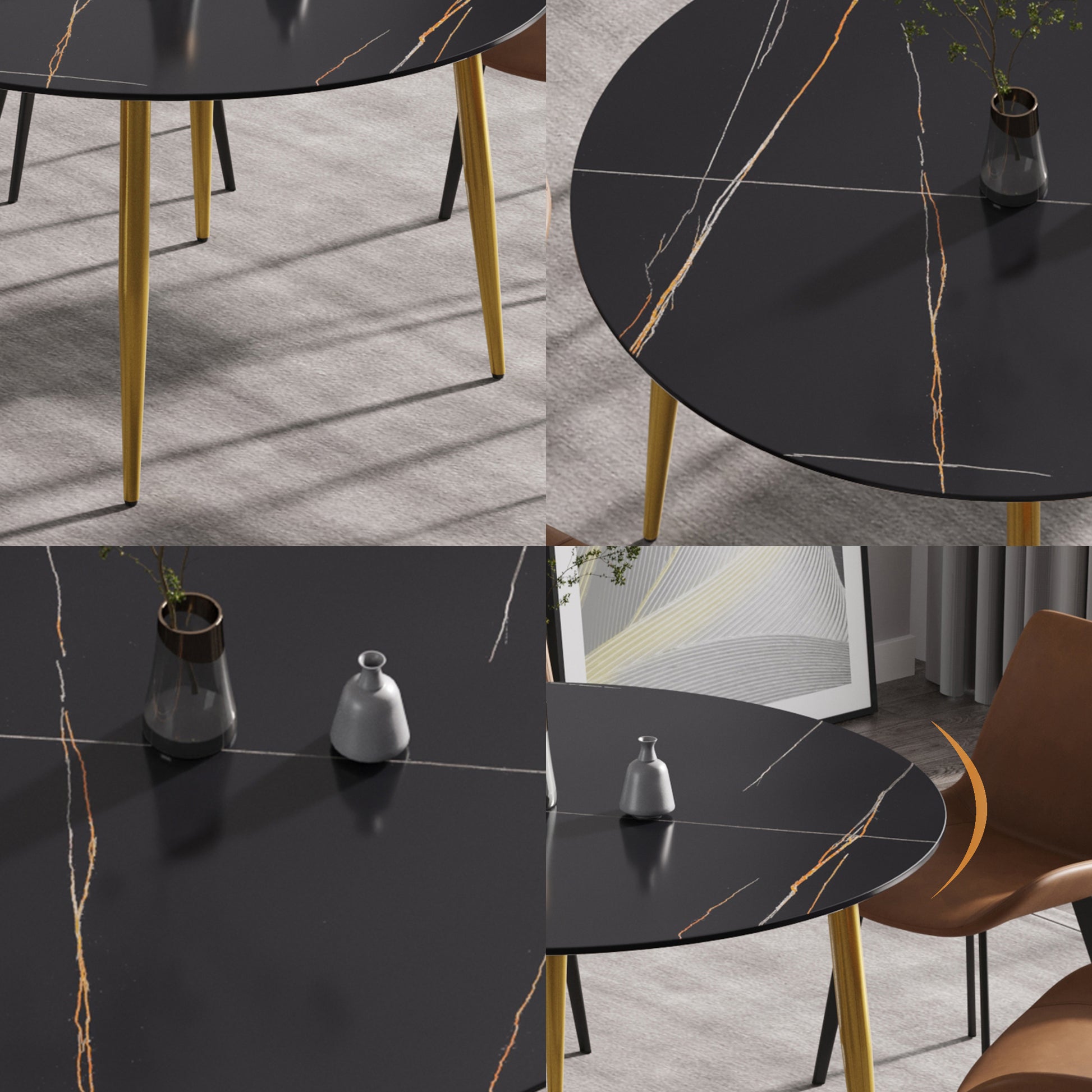 53.15 " Modern Artificial Stone Black Round Dining Table With Golden Metal Legs Can Accommodate 6 People. Black Metal Sintered Stone