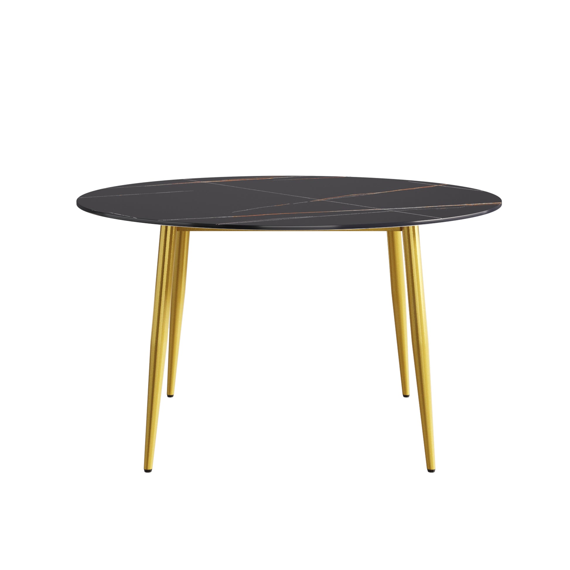 53.15 " Modern Artificial Stone Black Round Dining Table With Golden Metal Legs Can Accommodate 6 People. Black Metal Sintered Stone