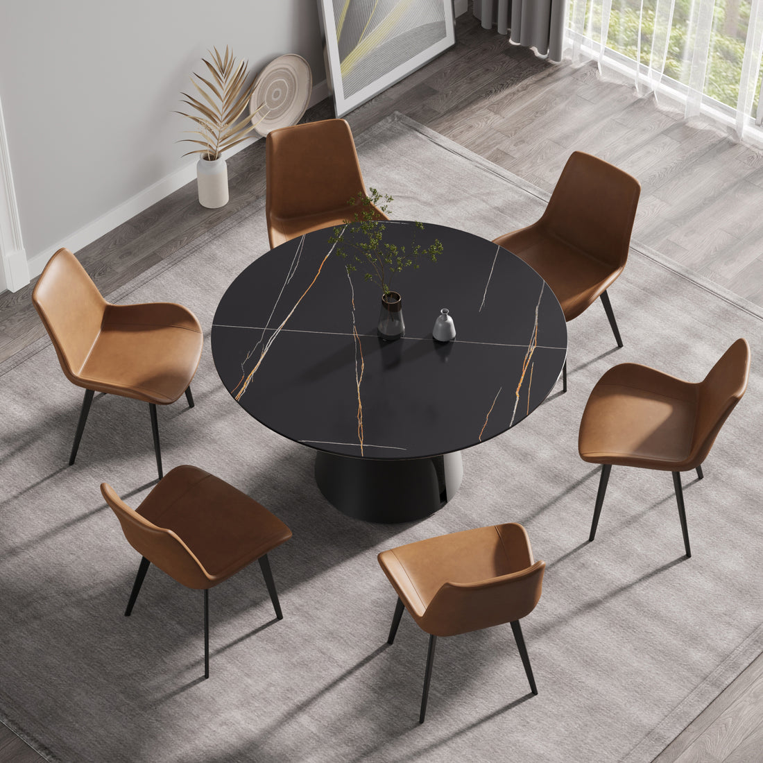 53.15"Modern Artificial Stone Round Black Carbon Steel Base Dining Table Can Accommodate 6 People Black Metal Sintered Stone