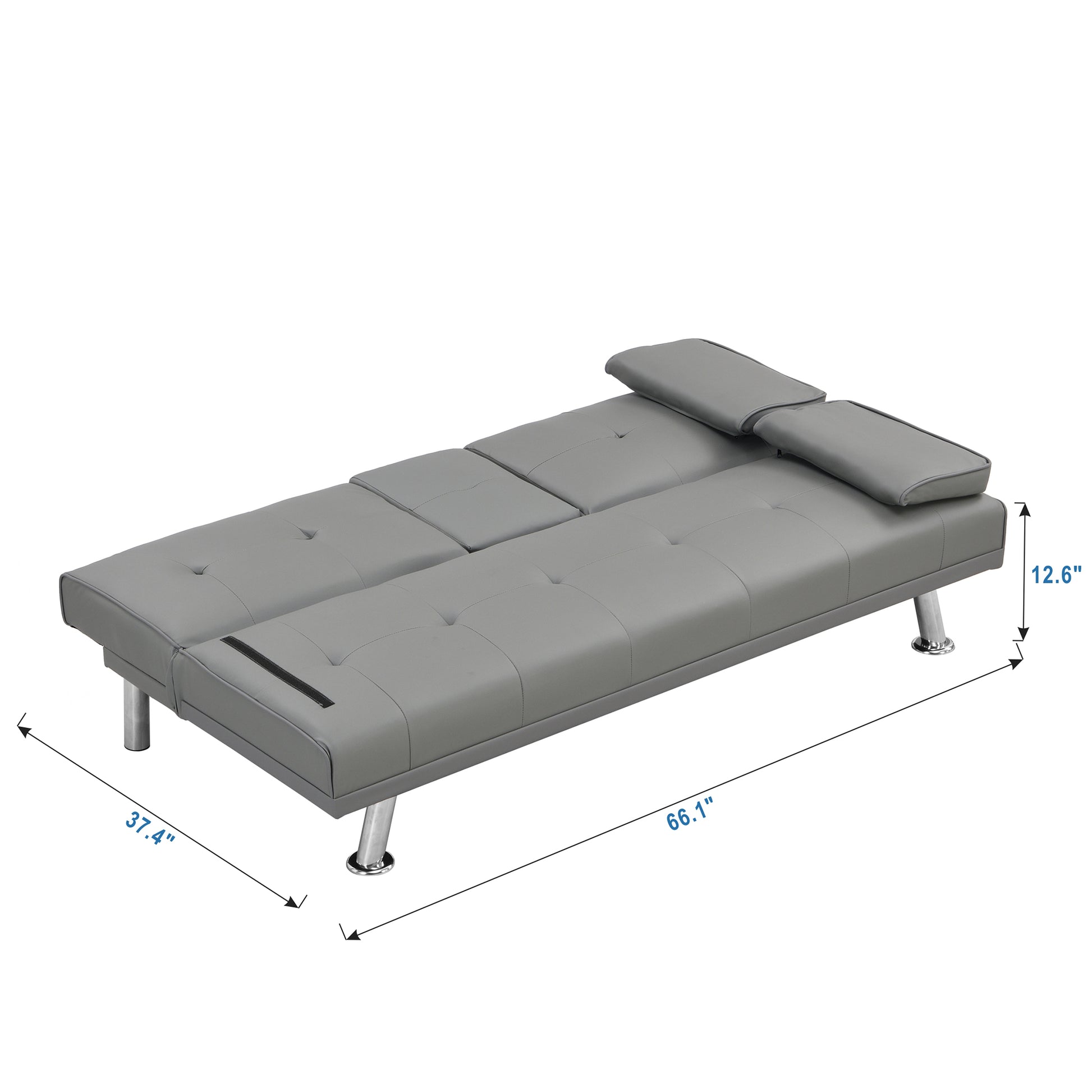 Sofa Bed With Armrest Two Holders Wood Frame, Stainless Leg, Futon Grey Pvc Grey Leather
